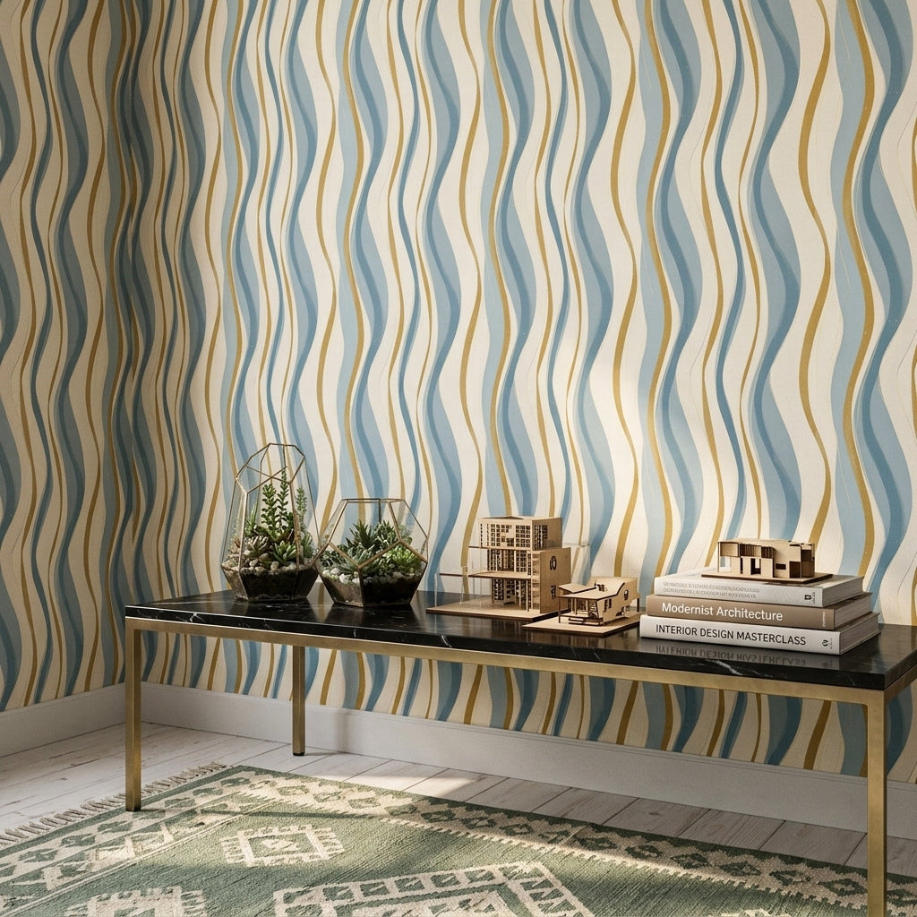 Abstract Wavy Stripes Wallpaper Blue And Gold Light Neutral Background Removable Wall Decor