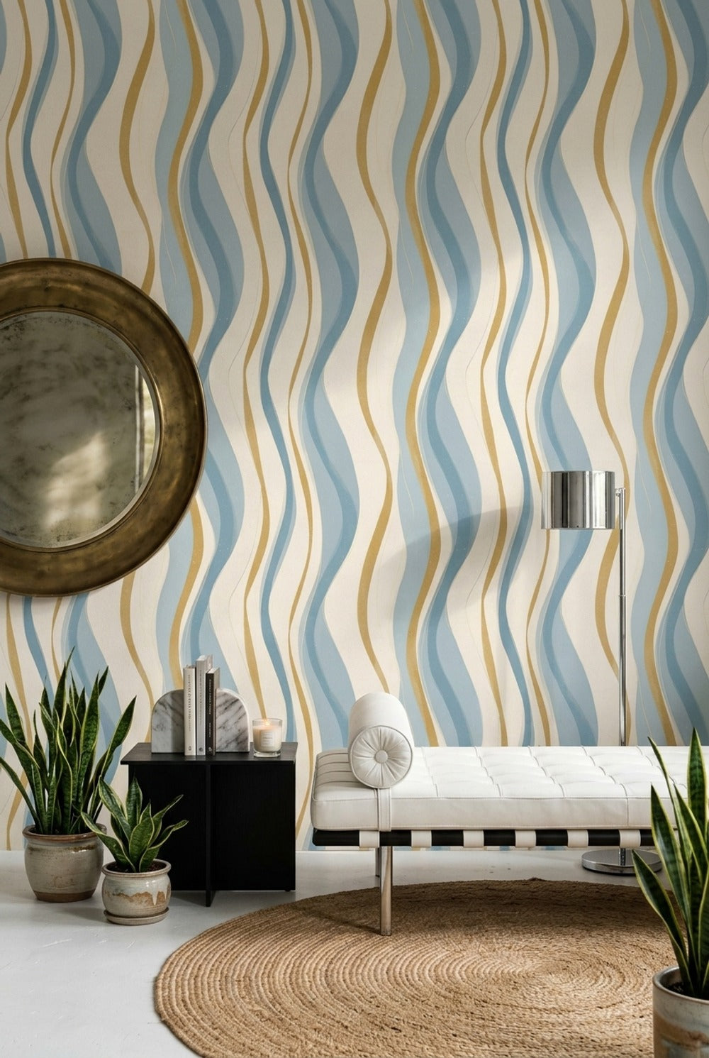 Abstract Wavy Stripes Wallpaper Blue And Gold Light Neutral Background Removable Wall Decor