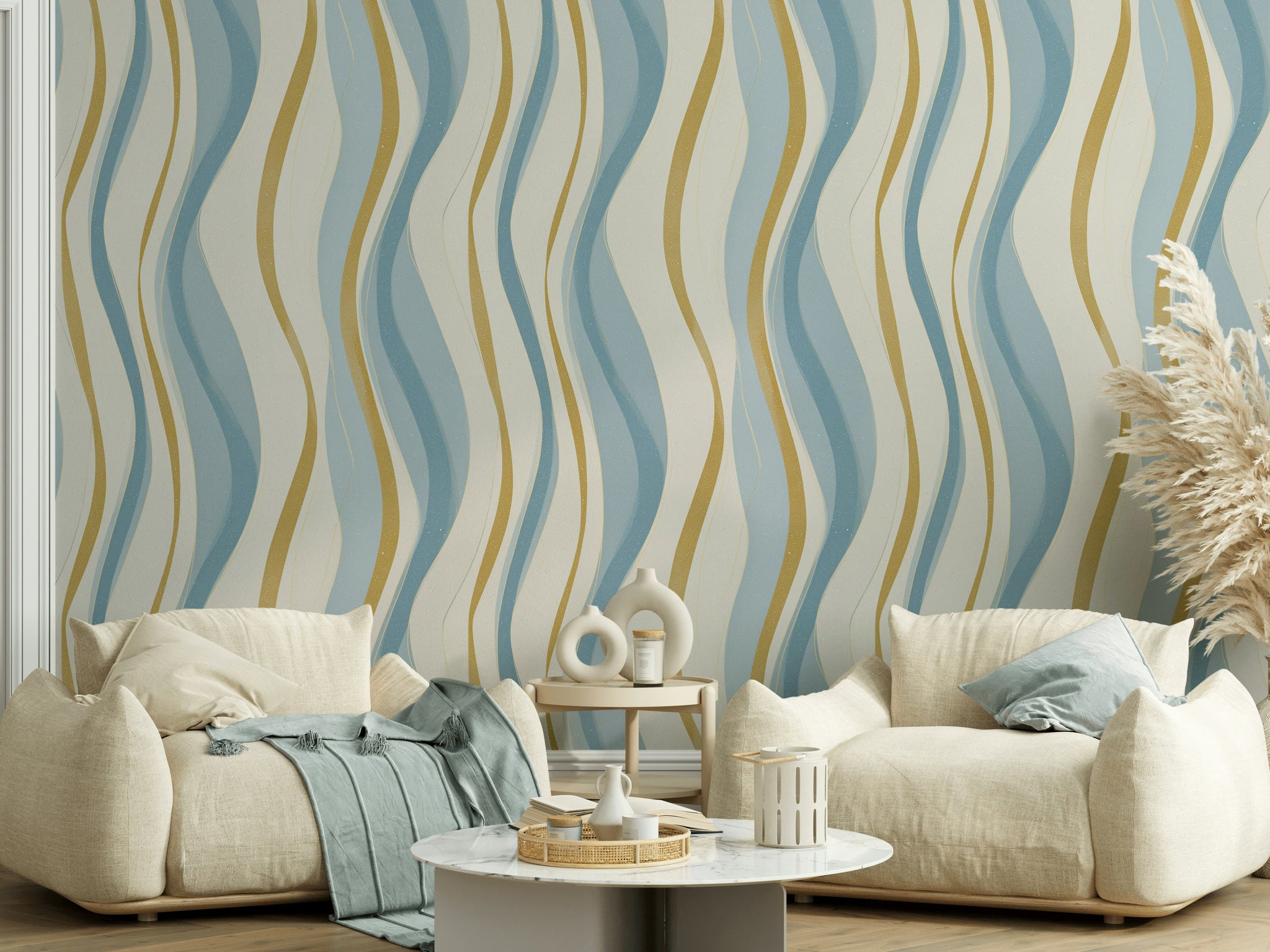 Abstract Wavy Stripes Wallpaper Blue And Gold Light Neutral Background Removable Wall Decor