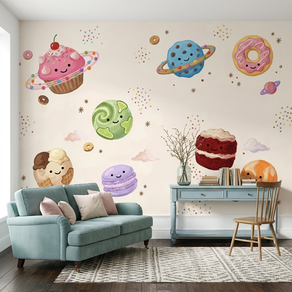 Space Desserts Wallpaper Cute Planets Pastel Sprinkles Wall Mural