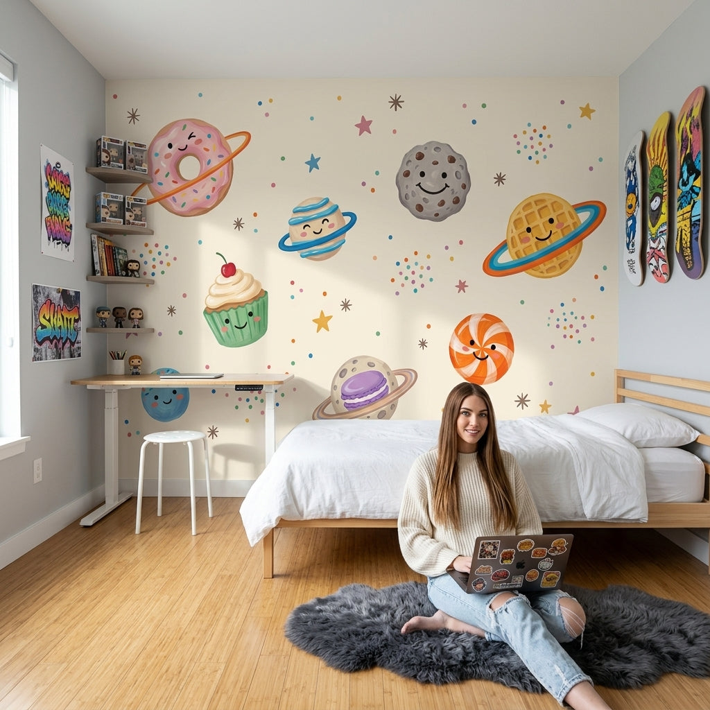 Space Desserts Wallpaper Donut Planet Kawaii Removable Wall Decor