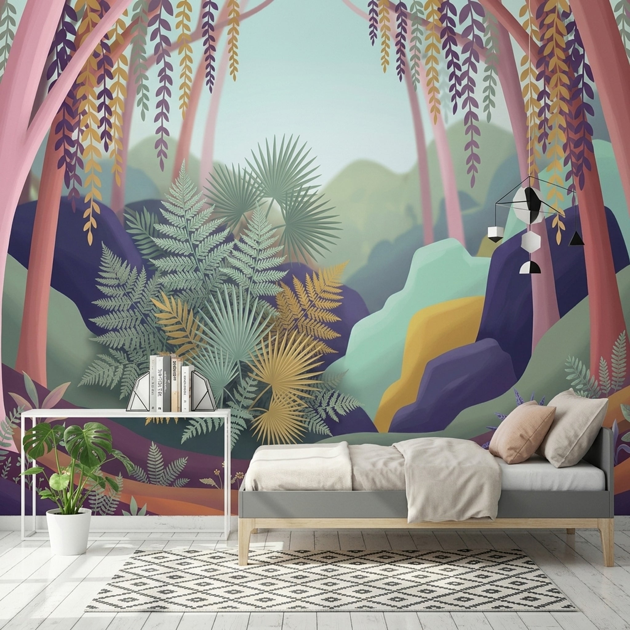 Whimsical Forest Wallpaper Muted Green Removable Wall Decor
