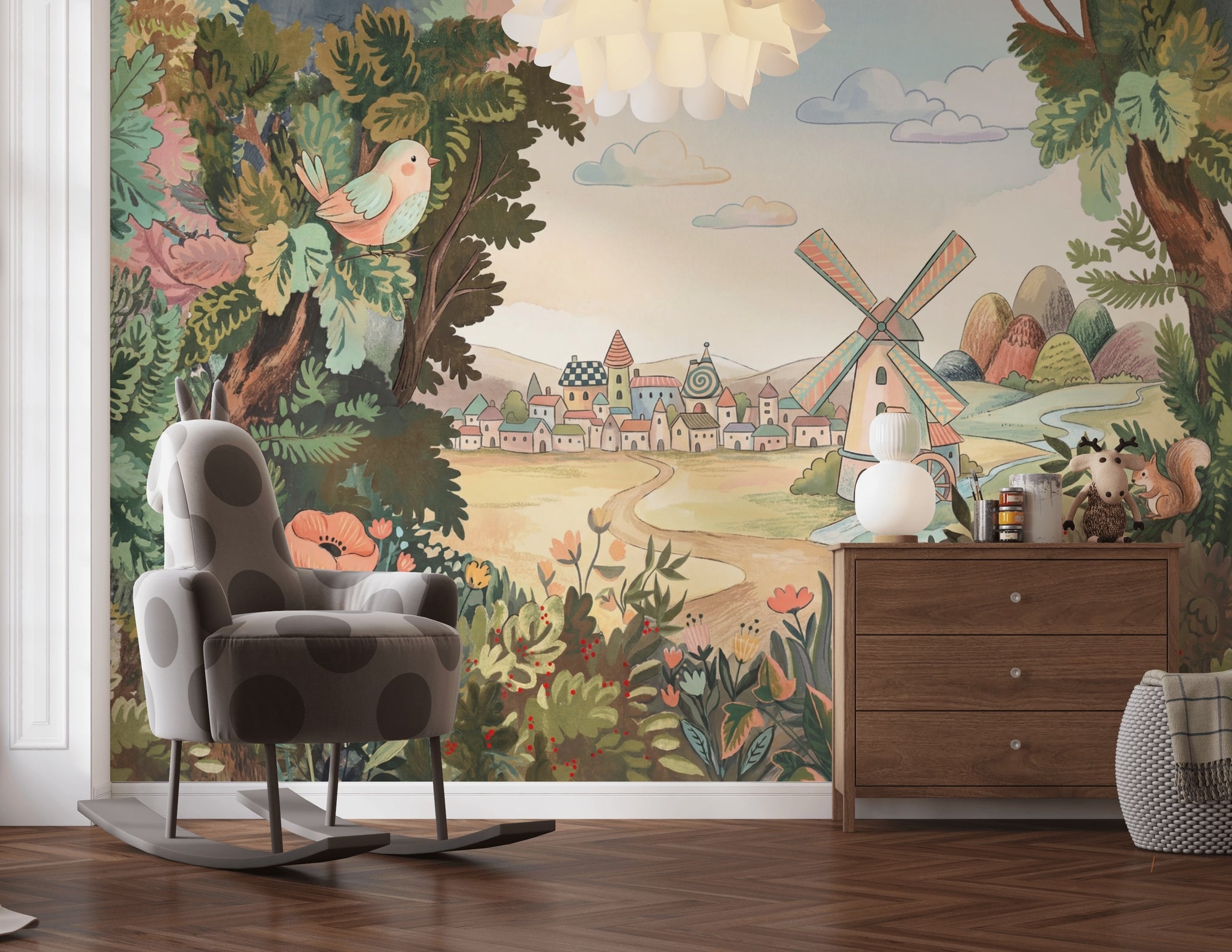 Storybook Landscape Wallpaper Countryside Village Windmill Removable Wall Decor