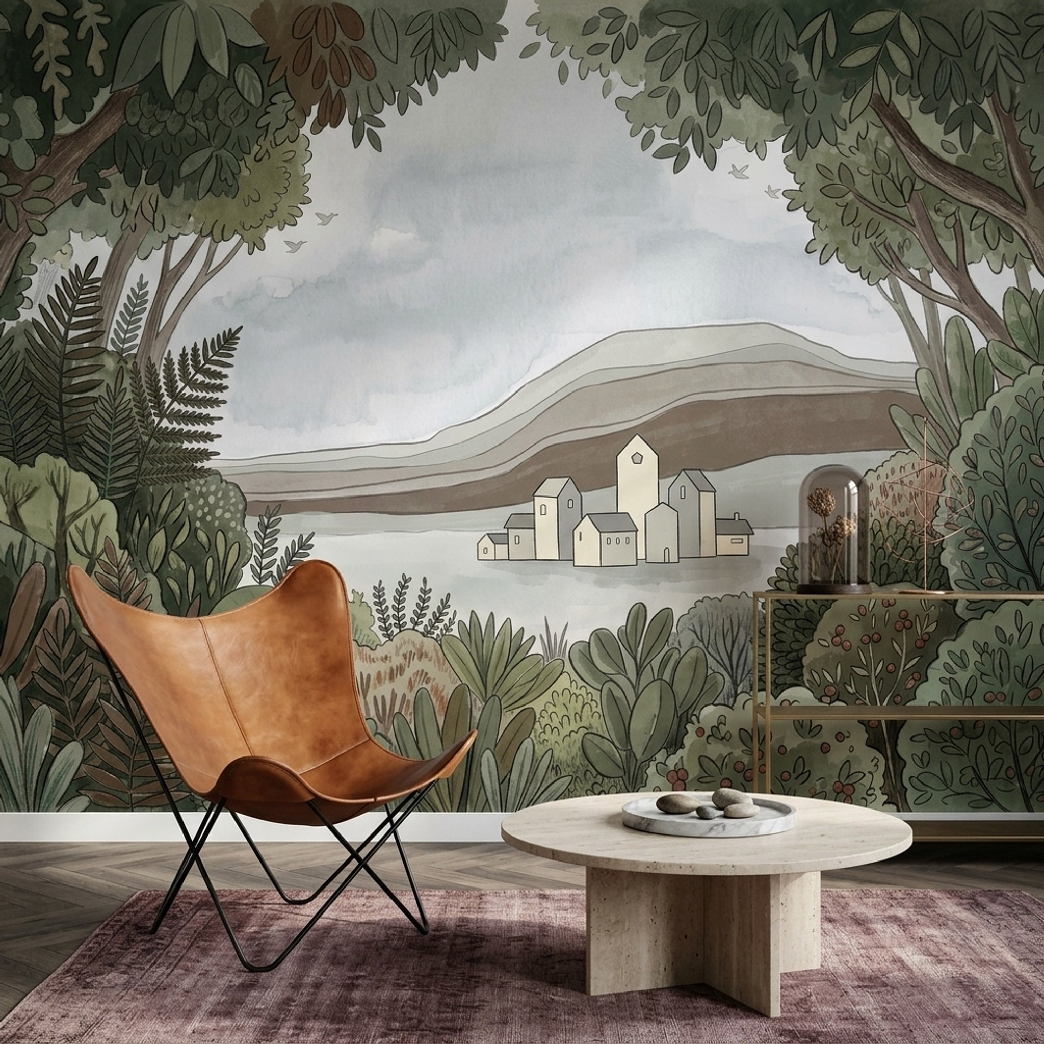 Landscape Mural Wallpaper Botanical Foliage Watercolor Illustration Wall Mural