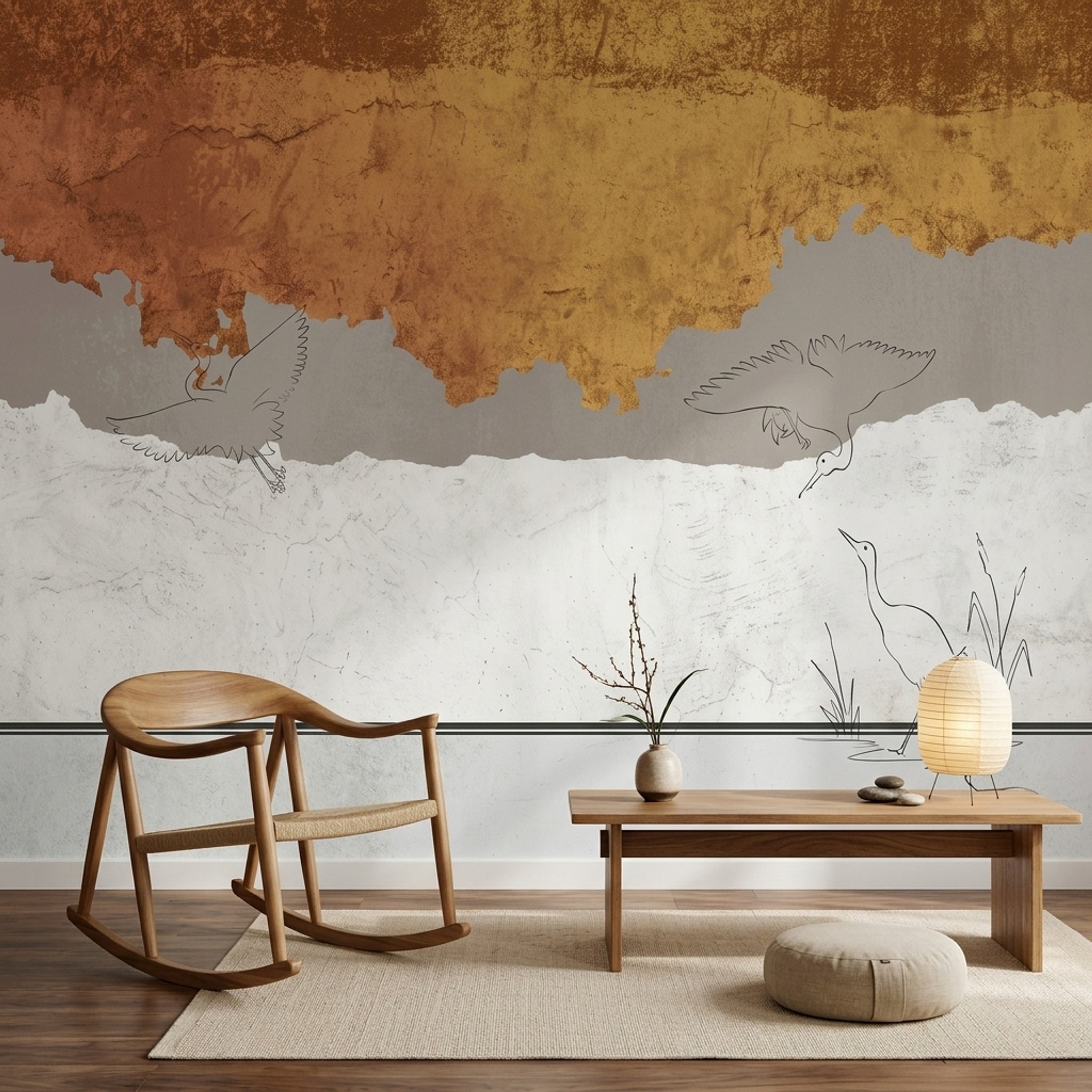 Abstract Landscape Wallpaper Wading Birds Textured Plaster Wall Mural