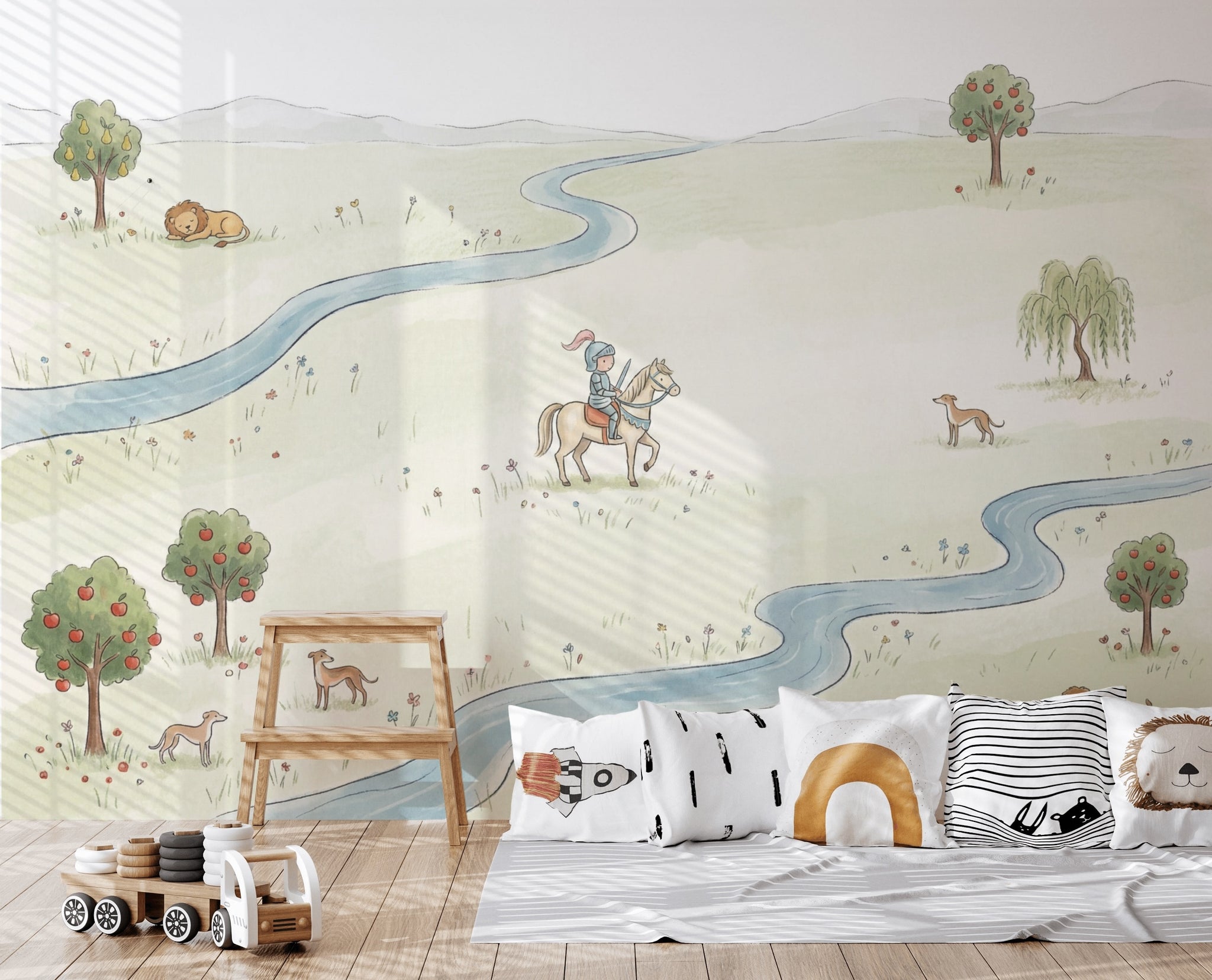 Pastoral Landscape Wallpaper Winding River Removable Storybook Illustration Wall Decor