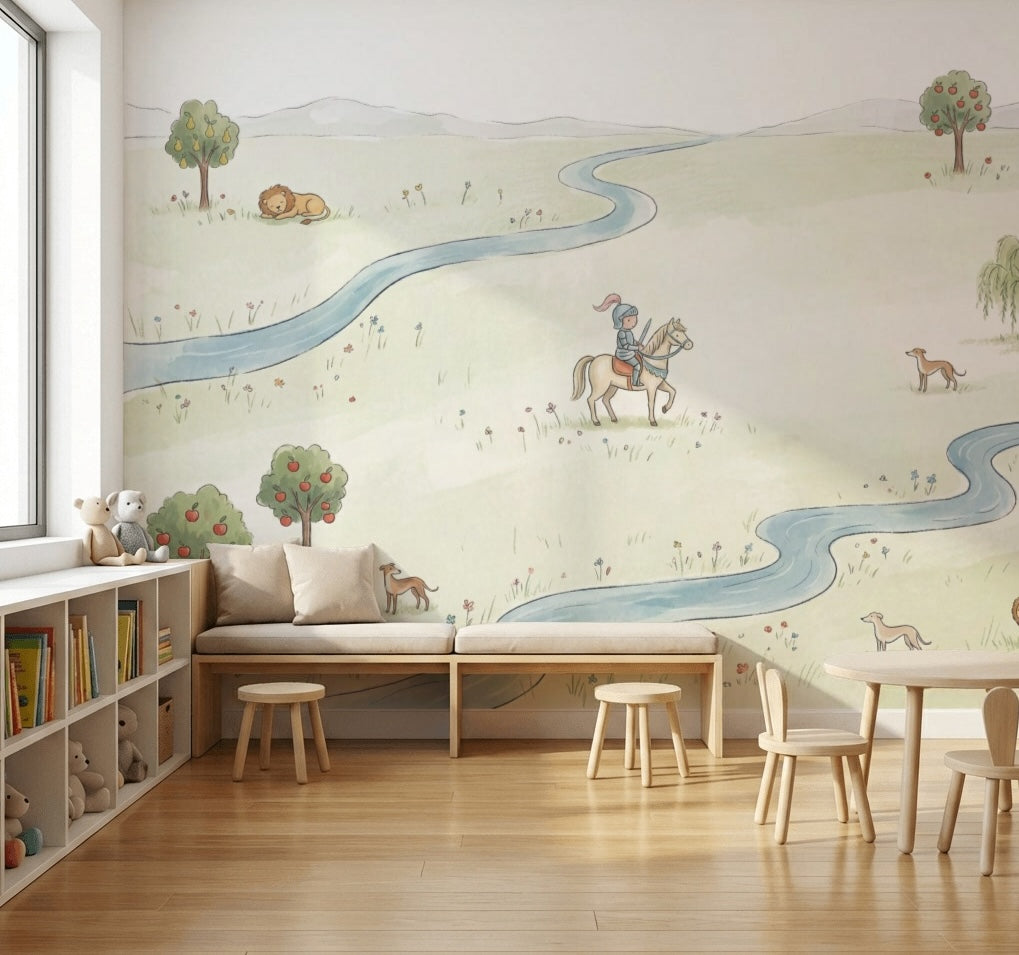 Pastoral Landscape Wallpaper Winding River Removable Storybook Illustration Wall Decor