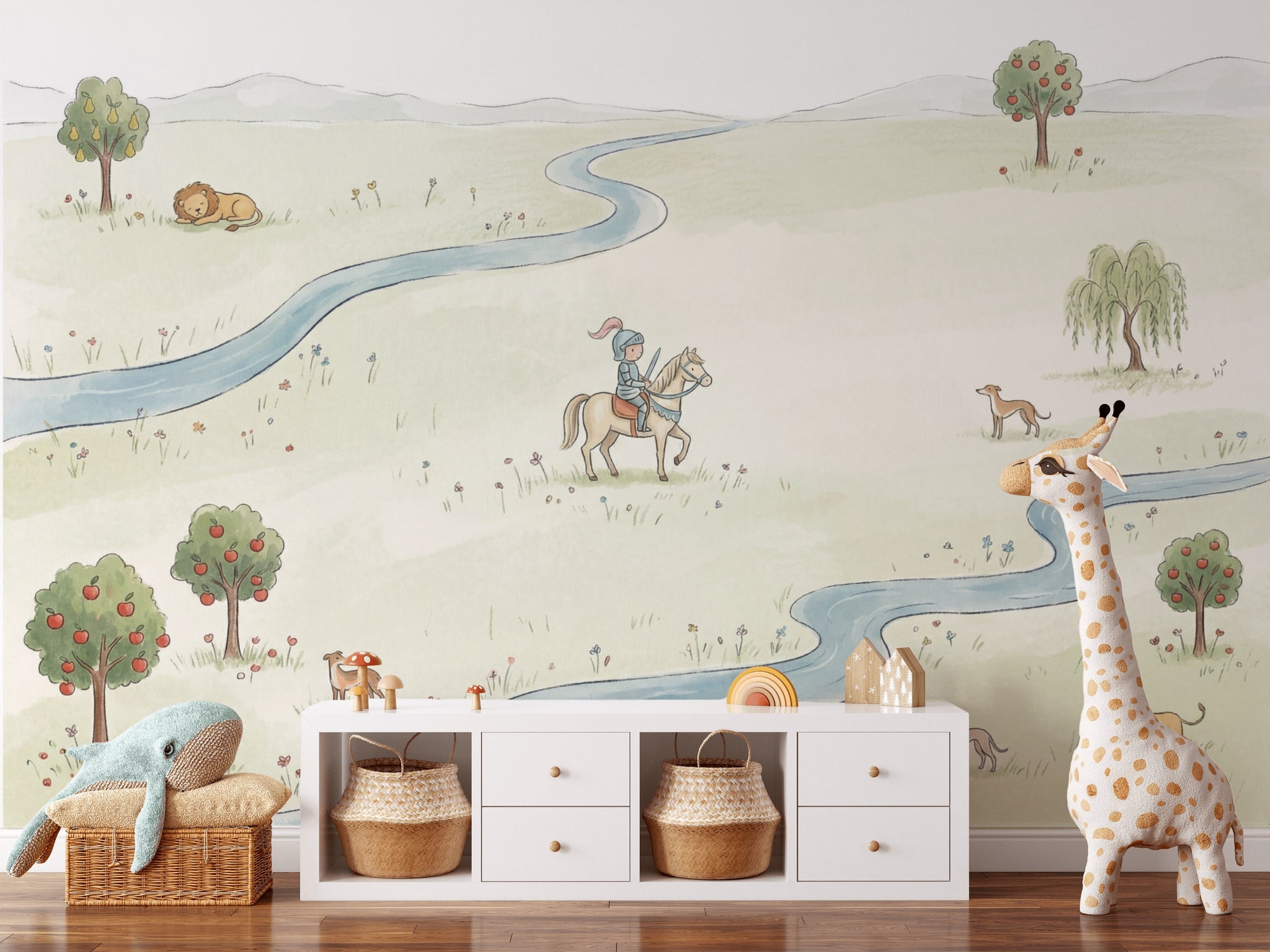 Pastoral Landscape Wallpaper Winding River Removable Storybook Illustration Wall Decor