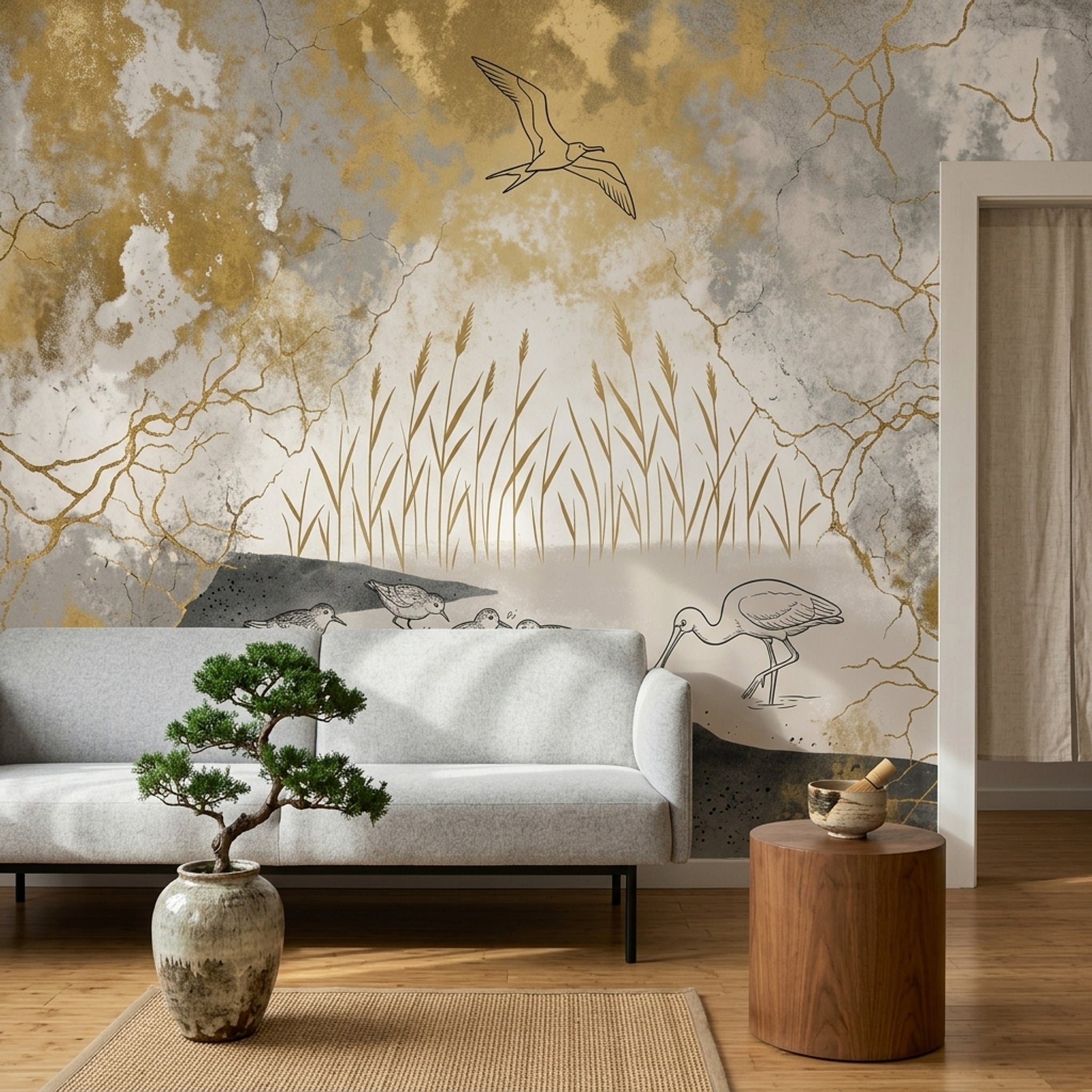 Abstract Landscape Wallpaper Shorebirds Wetland Reeds Removable Wall Decor