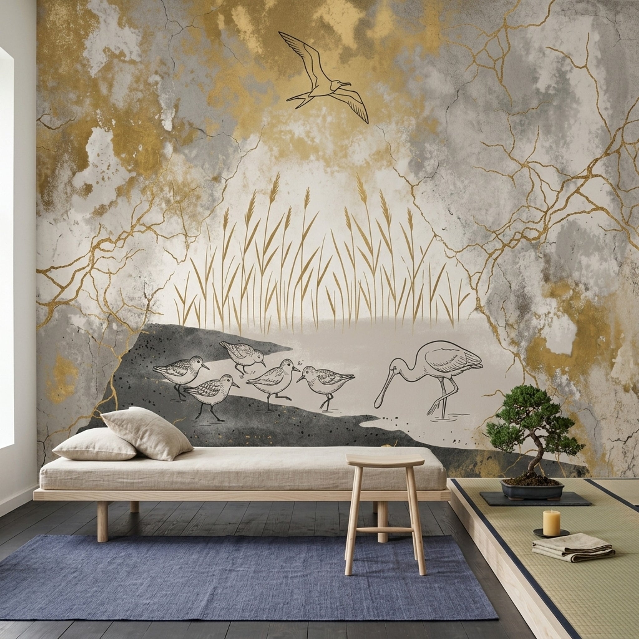Abstract Landscape Wallpaper Shorebirds Wetland Reeds Removable Wall Decor