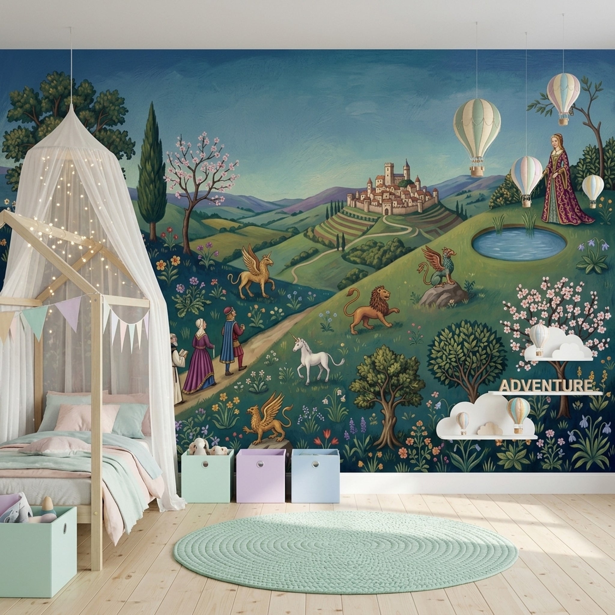 Medieval Landscape Wallpaper Storybook Illustration Castle Town Wall Mural