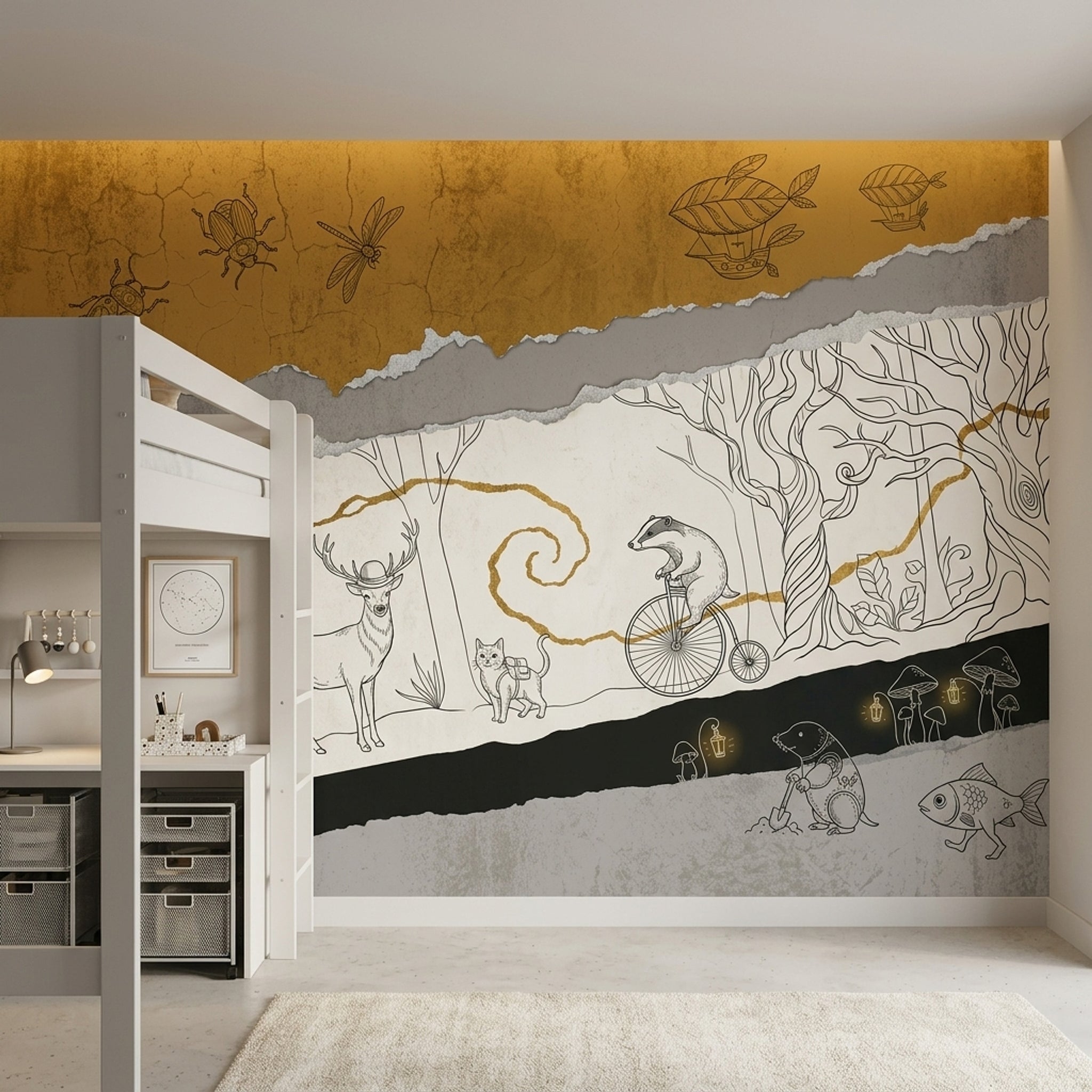 Whimsical Woodland Wallpaper Surreal Animals Removable Torn Paper Collage Wall Decor