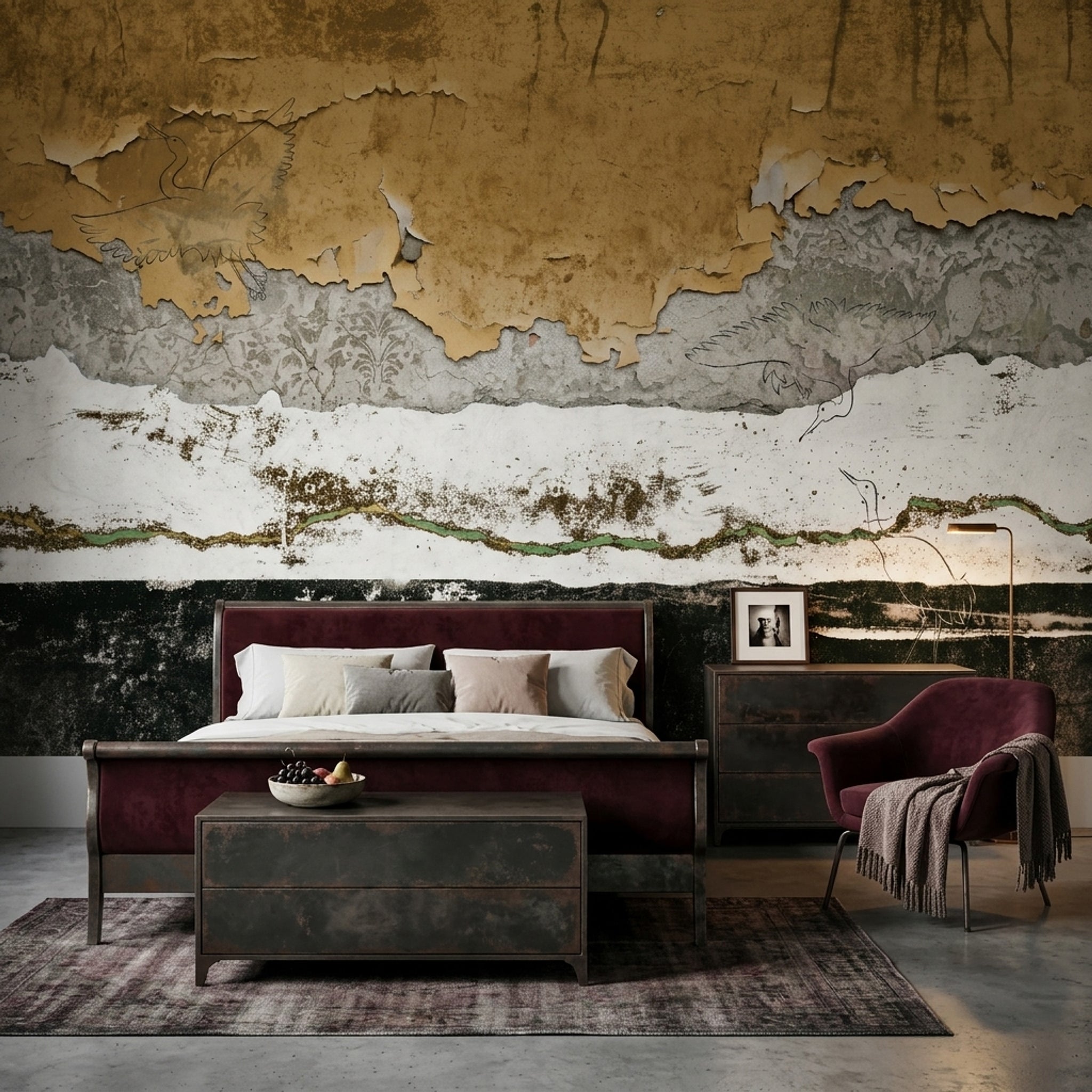 Distressed Wallpaper Peeling Plaster Removable Birds Wall Decor