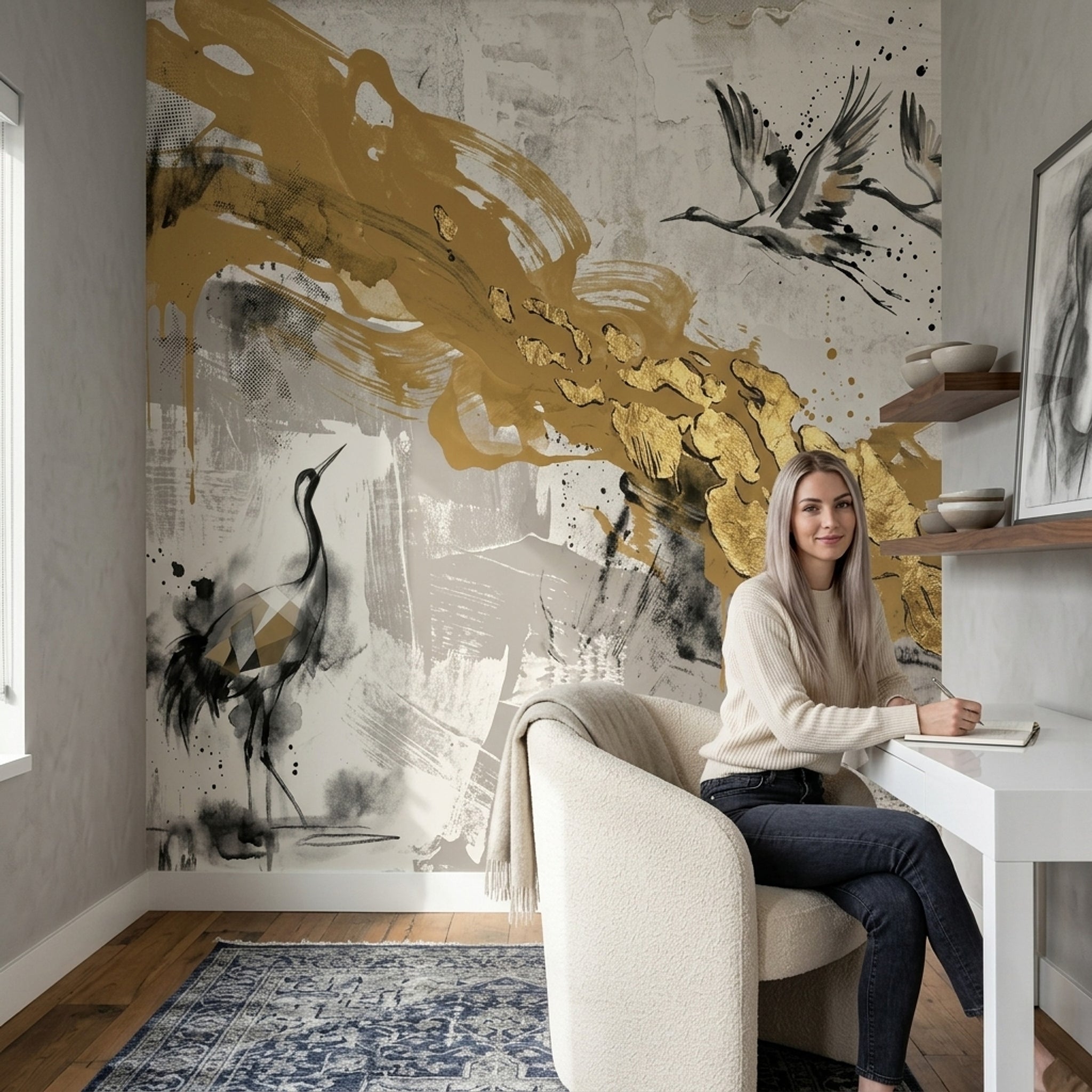 Cranes Wallpaper Gold Mixed Media Removable Wall Decor