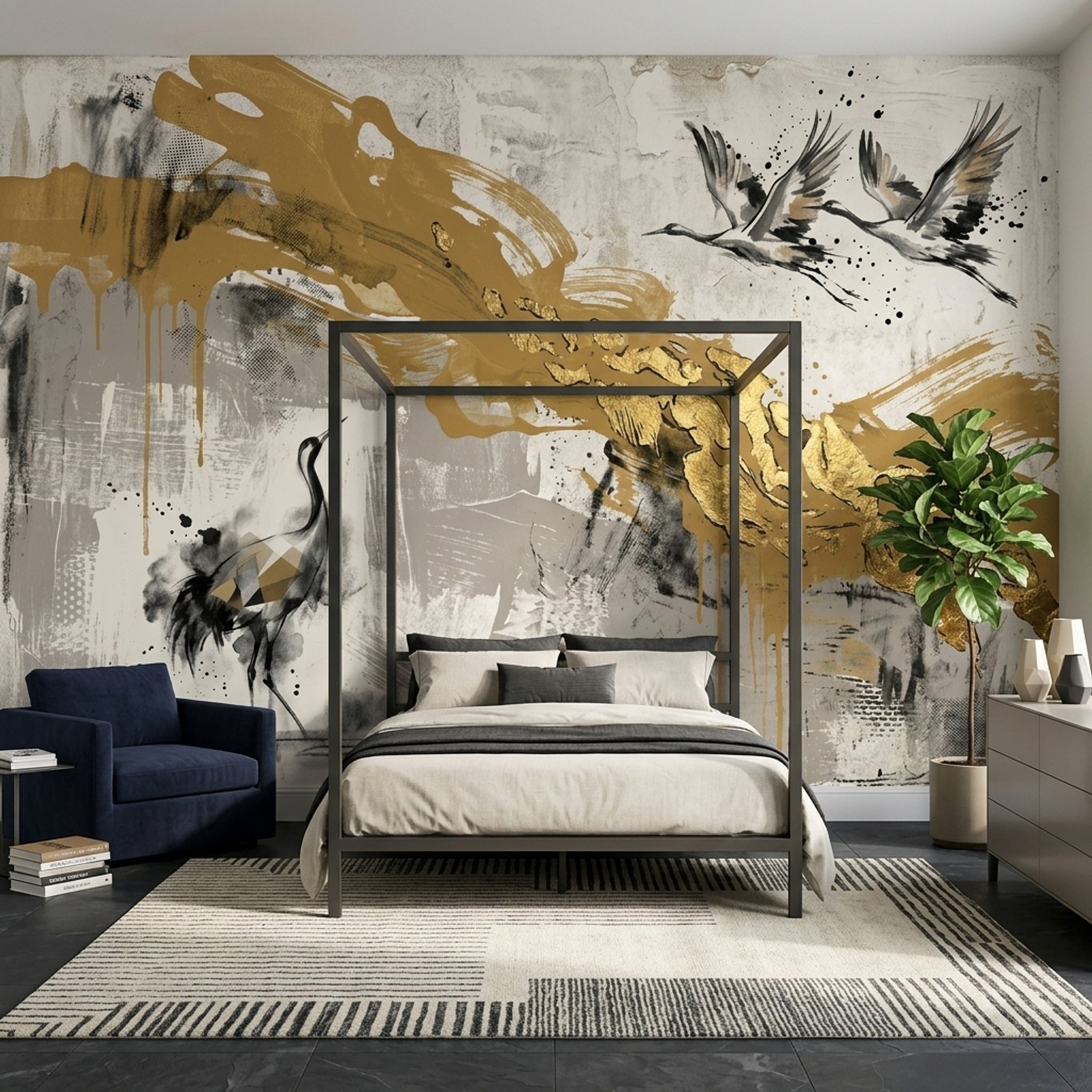 Cranes Wallpaper Gold Mixed Media Removable Wall Decor