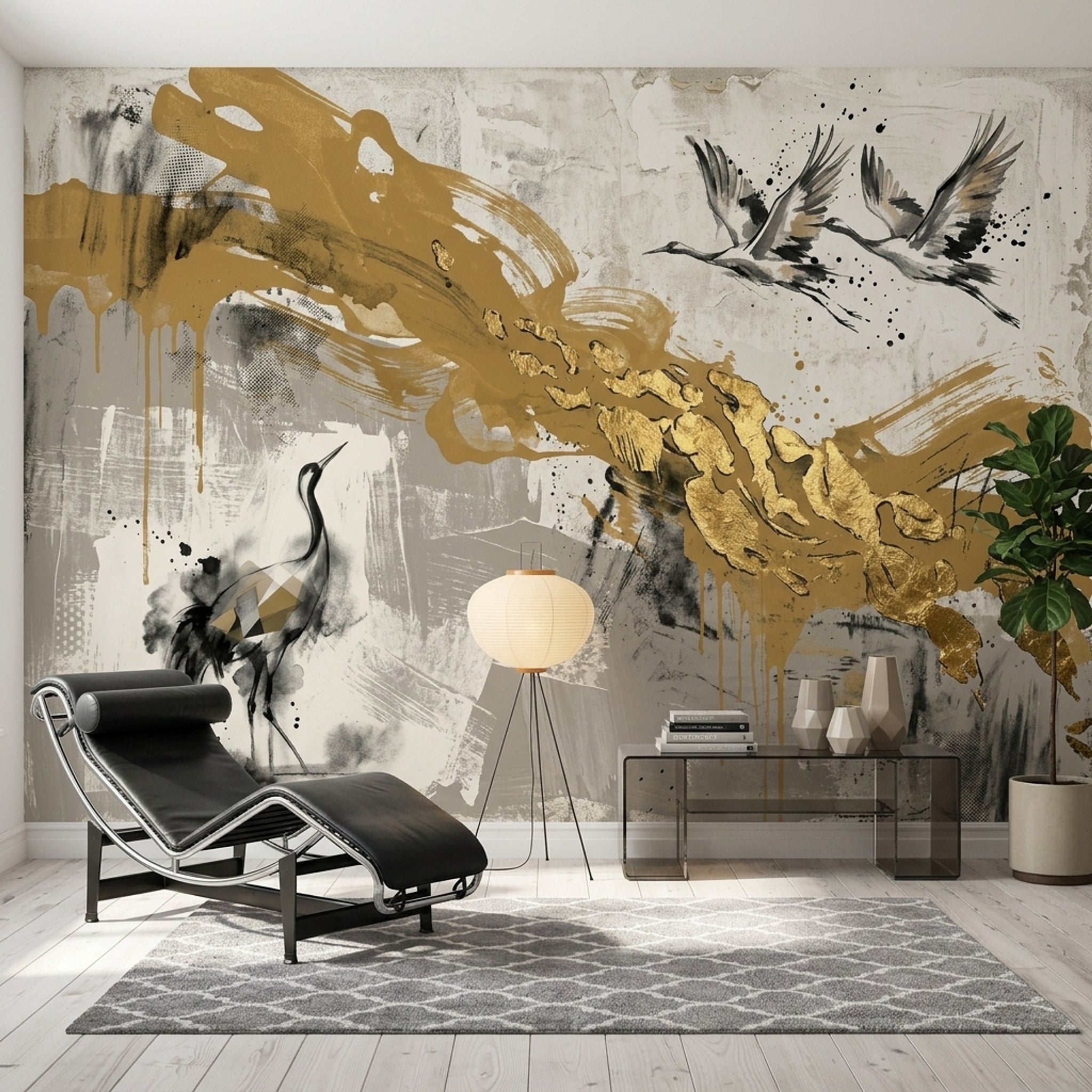 Cranes Wallpaper Gold Mixed Media Removable Wall Decor