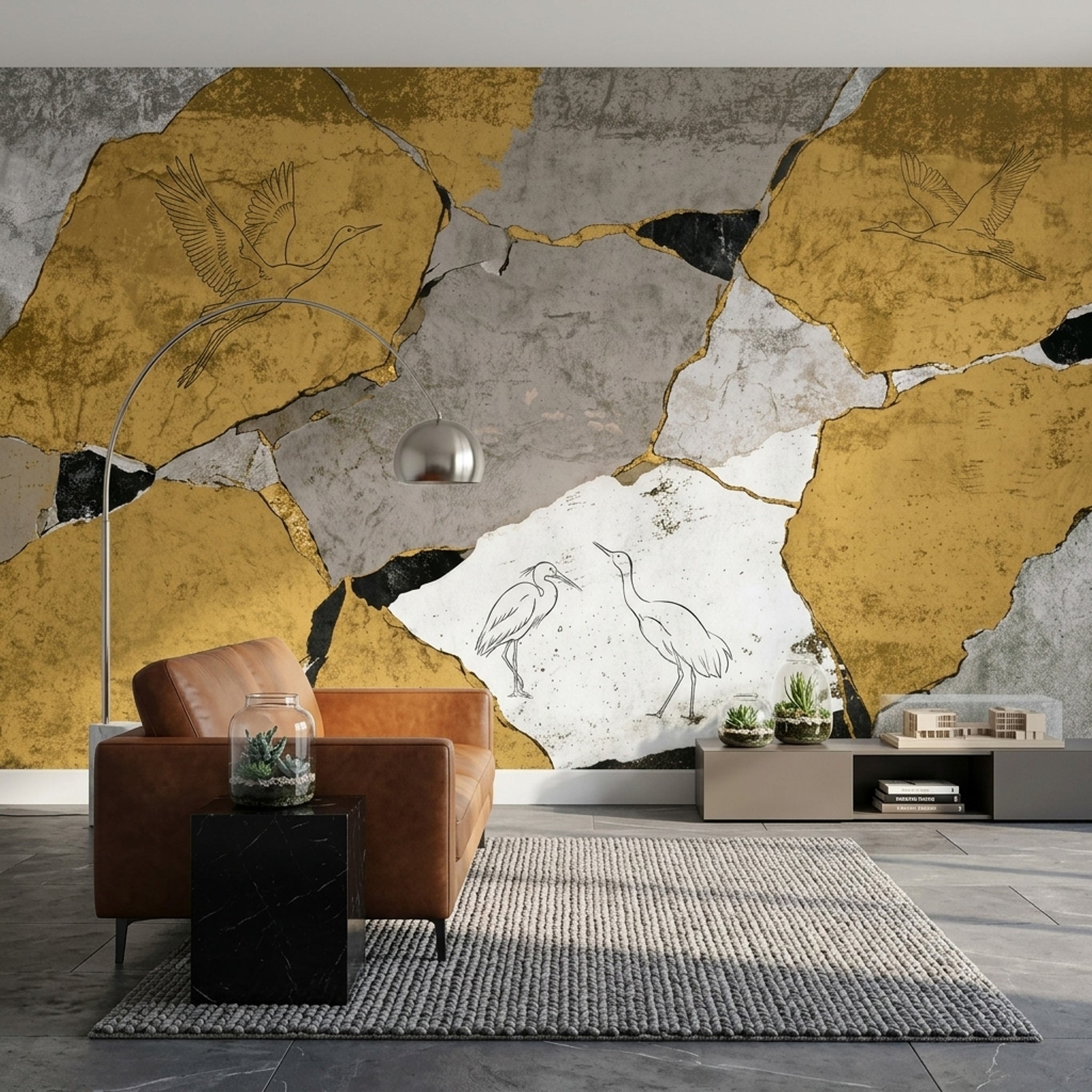 Cracked Plaster Wallpaper Stone Texture Removable Wading Birds Wall Decor