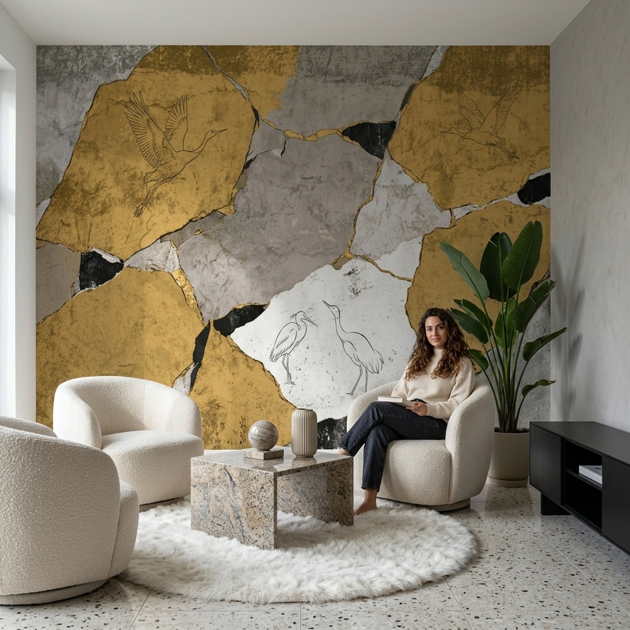 Cracked Plaster Wallpaper Stone Texture Removable Wading Birds Wall Decor