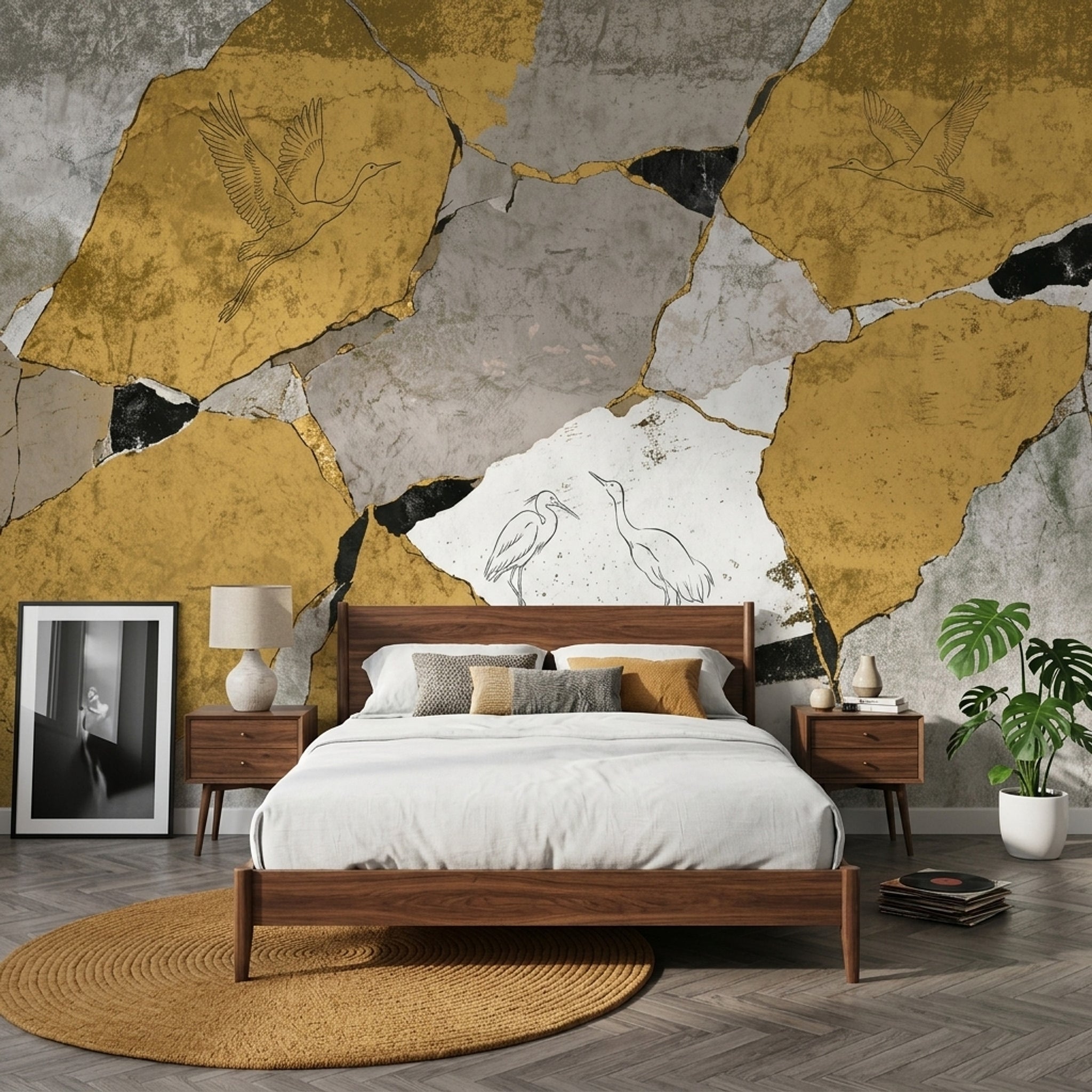Cracked Plaster Wallpaper Stone Texture Removable Wading Birds Wall Decor