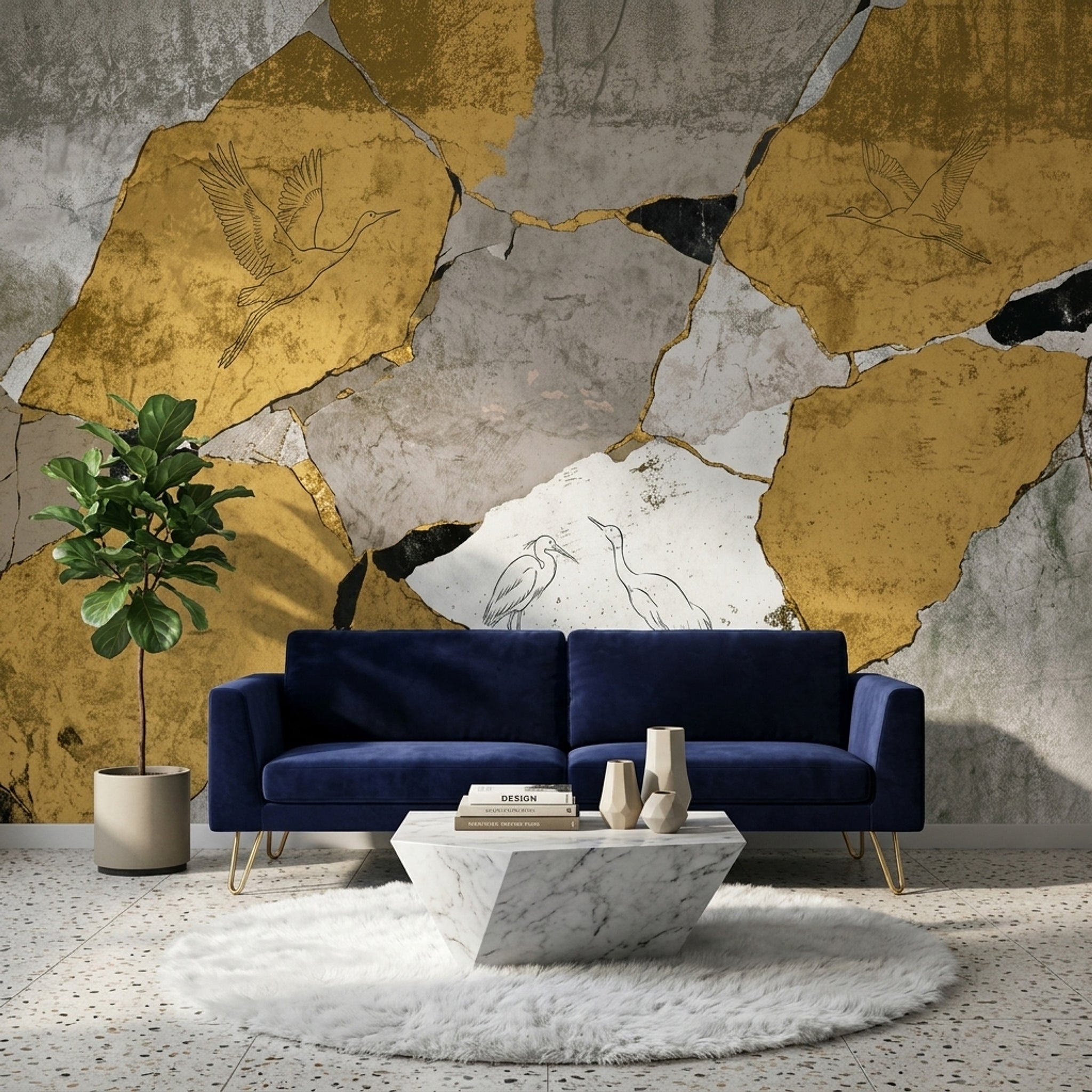 Cracked Plaster Wallpaper Stone Texture Removable Wading Birds Wall Decor