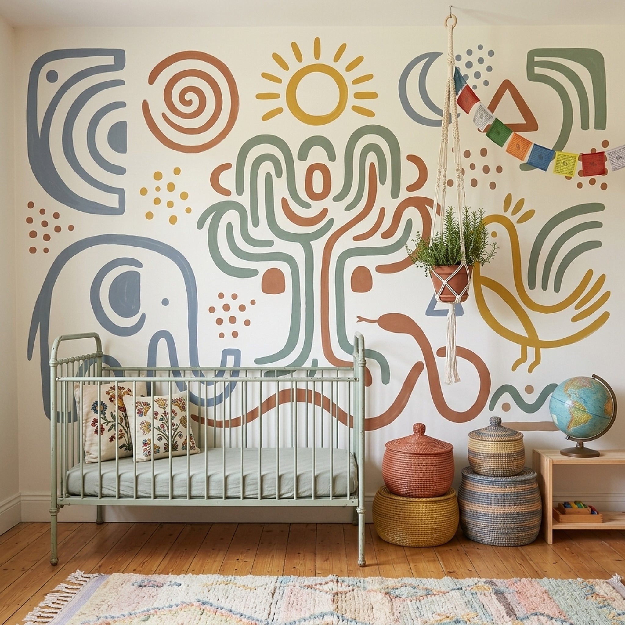 Folk Art Wallpaper Elephant Geometric Icons Removable Wall Decor