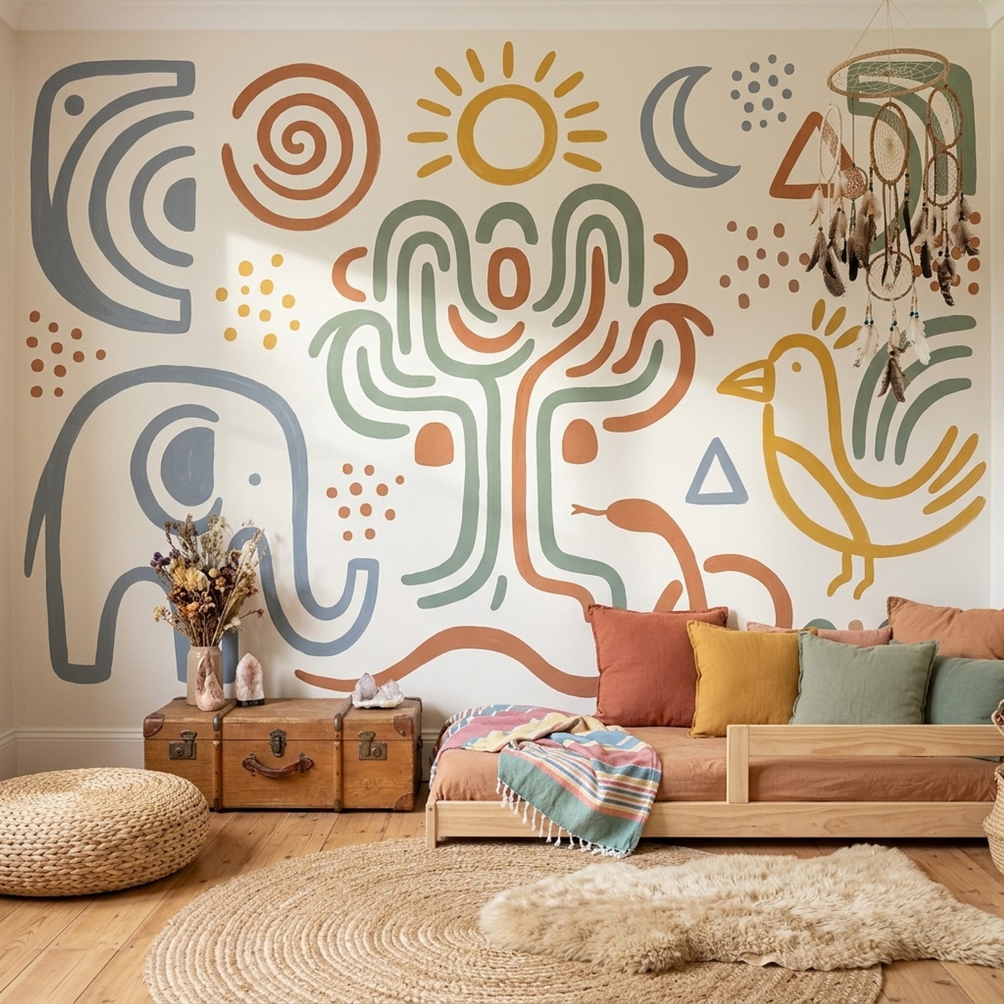 Folk Art Wallpaper Elephant Geometric Icons Removable Wall Decor
