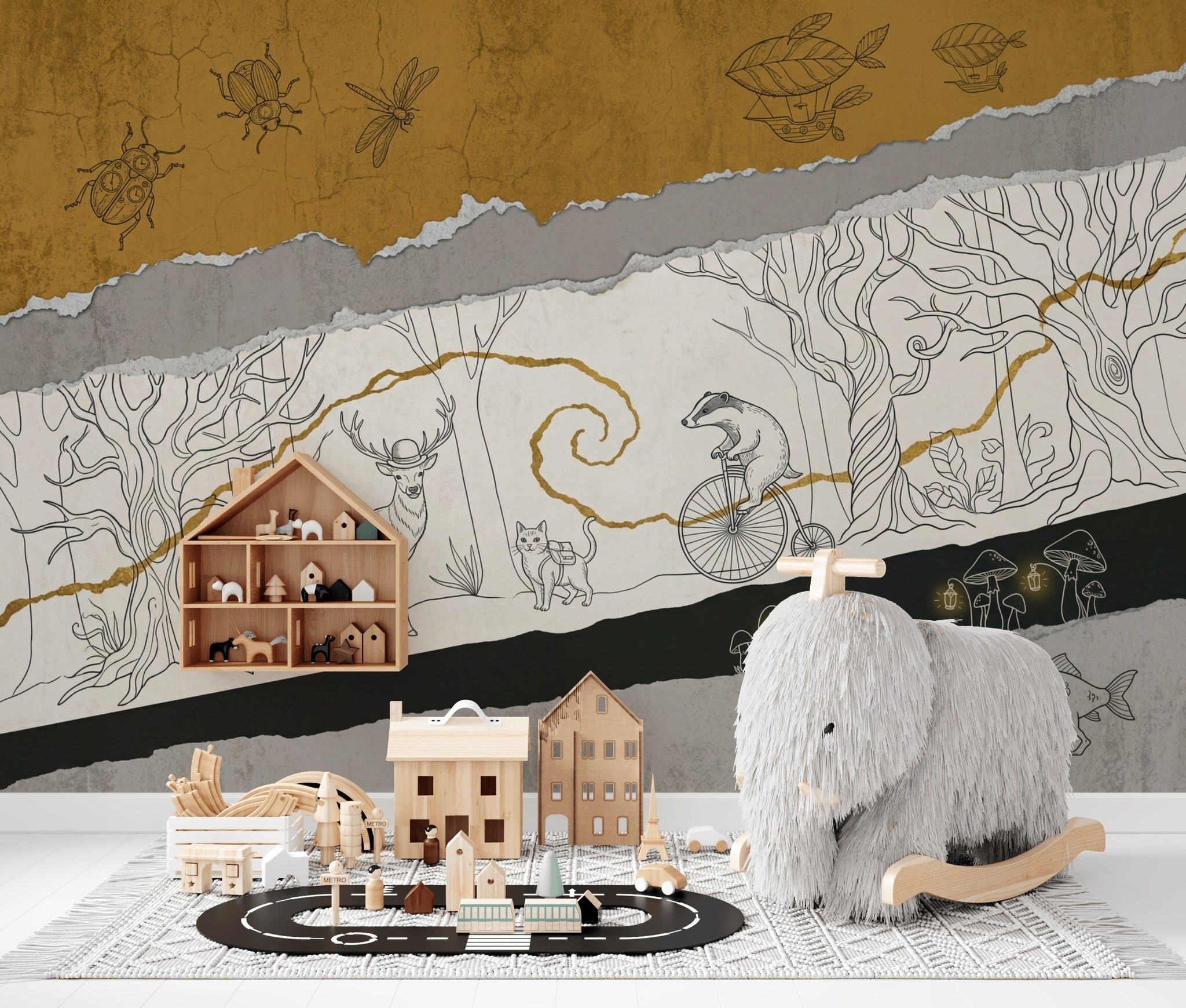 Whimsical Woodland Wallpaper Surreal Animals Removable Torn Paper Collage Wall Decor