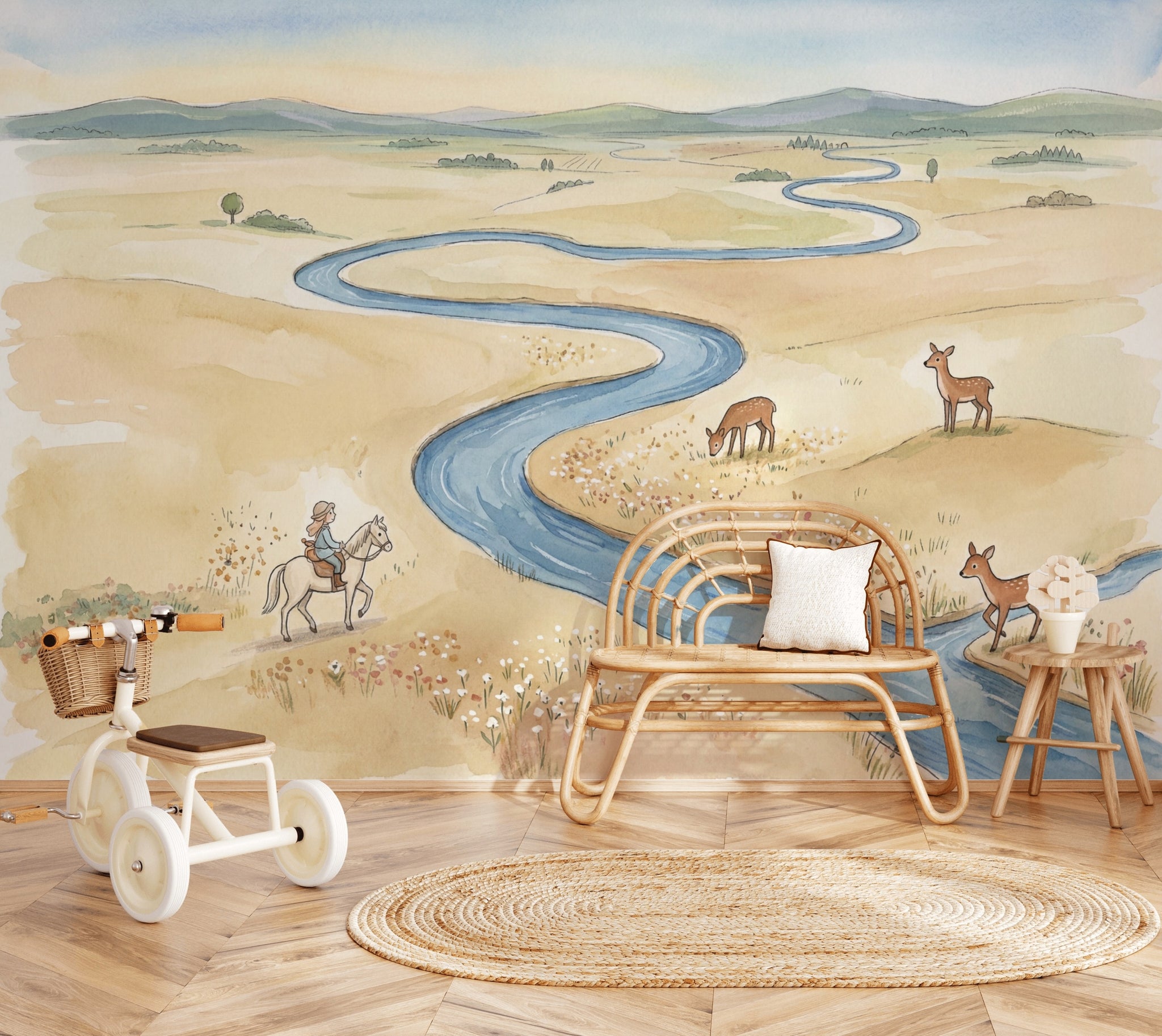 Winding River Wallpaper Landscape Watercolor Wall Mural