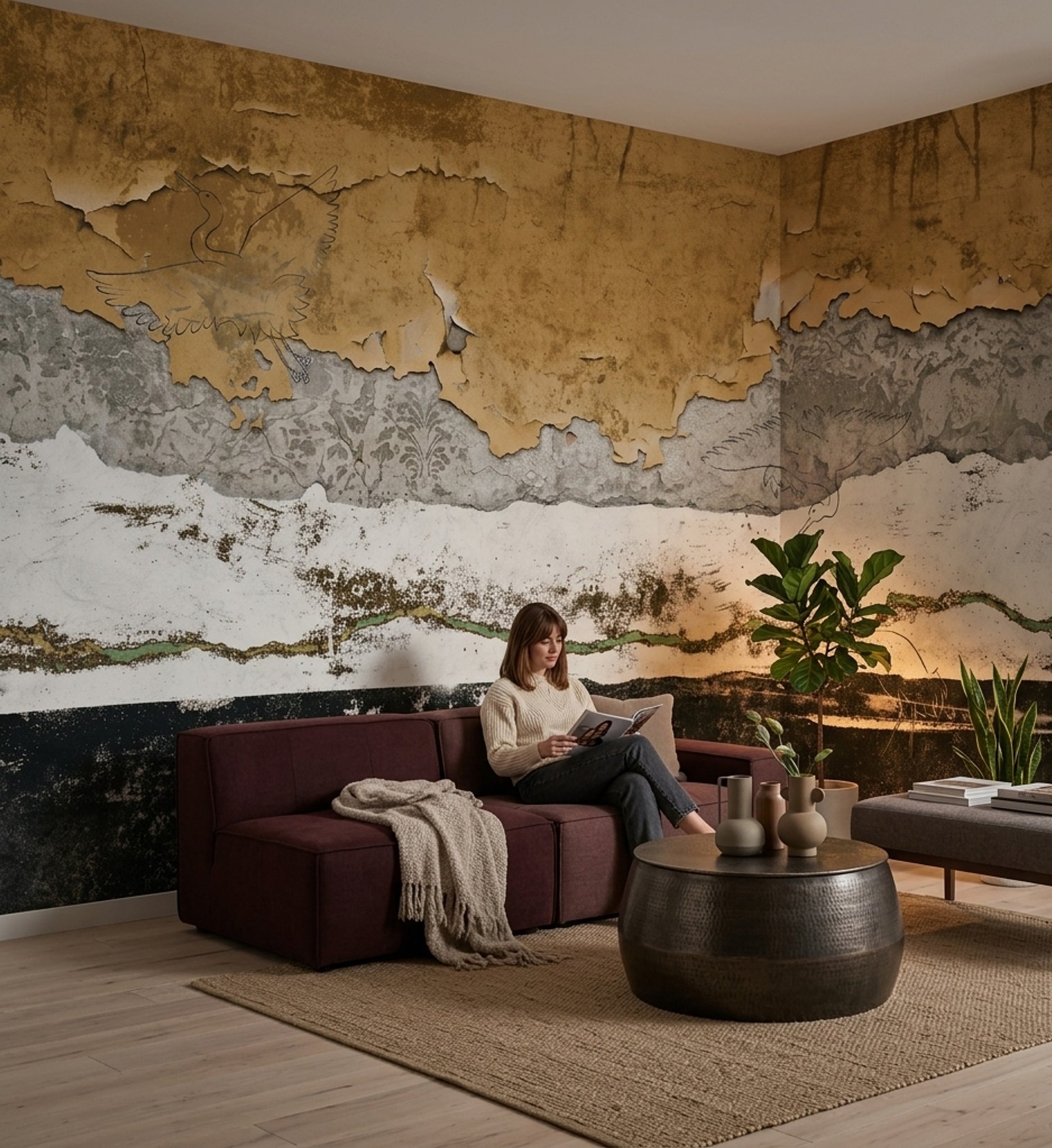 Distressed Wallpaper Peeling Plaster Removable Birds Wall Decor