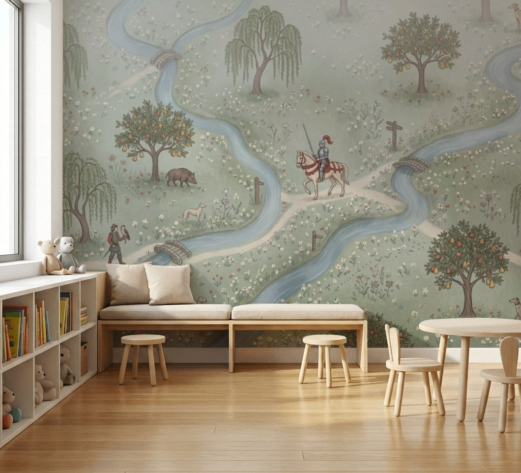 Pastoral Landscape Wallpaper Storybook Map Winding River Wall Mural