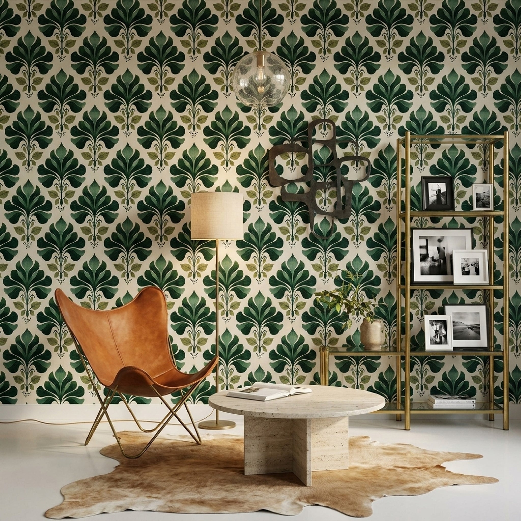 Botanical Wallpaper Green Leaves Block Print Removable Wall Decor