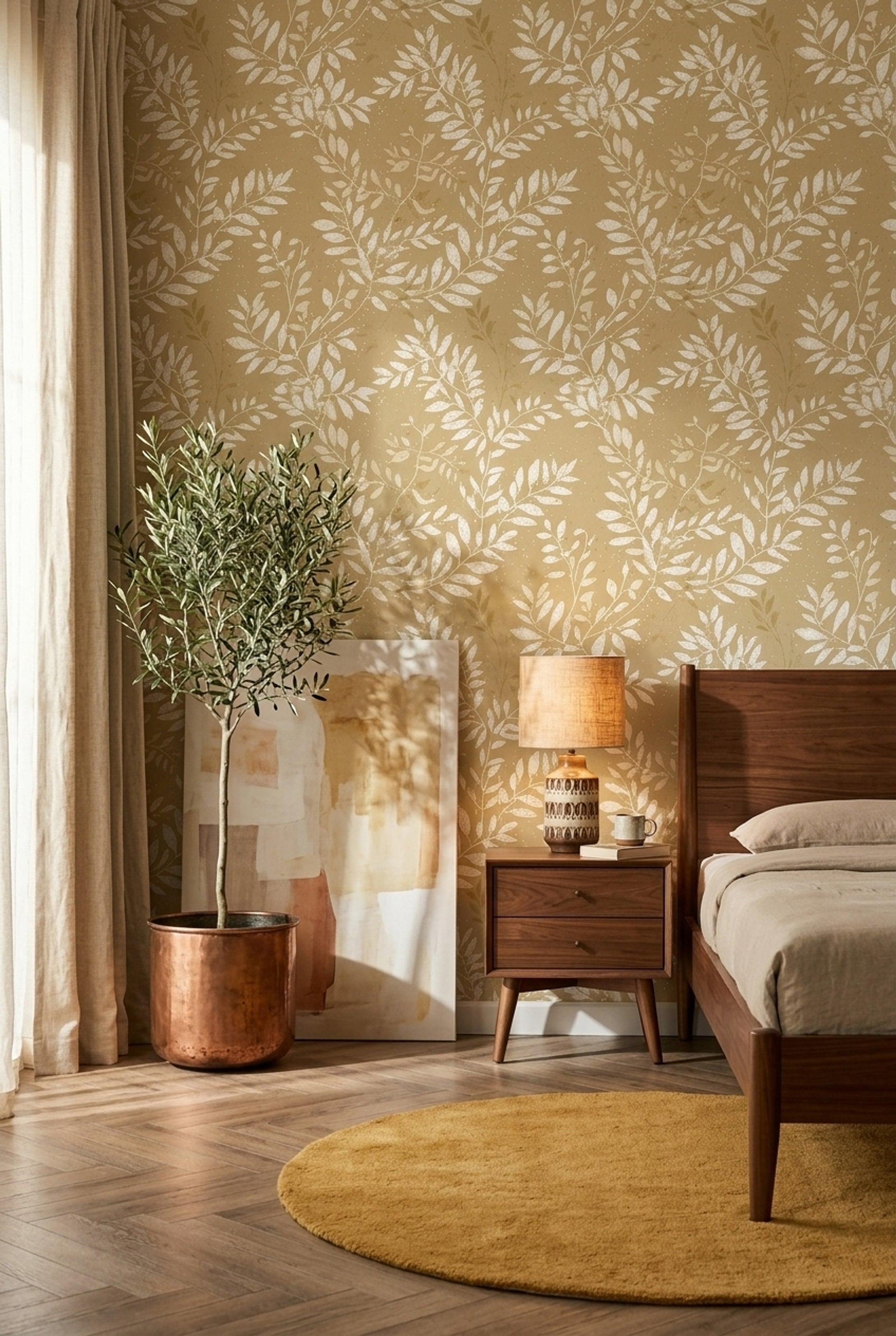 Botanical Wallpaper Leaf Branches Removable Cream On Tan Wall Double Roll