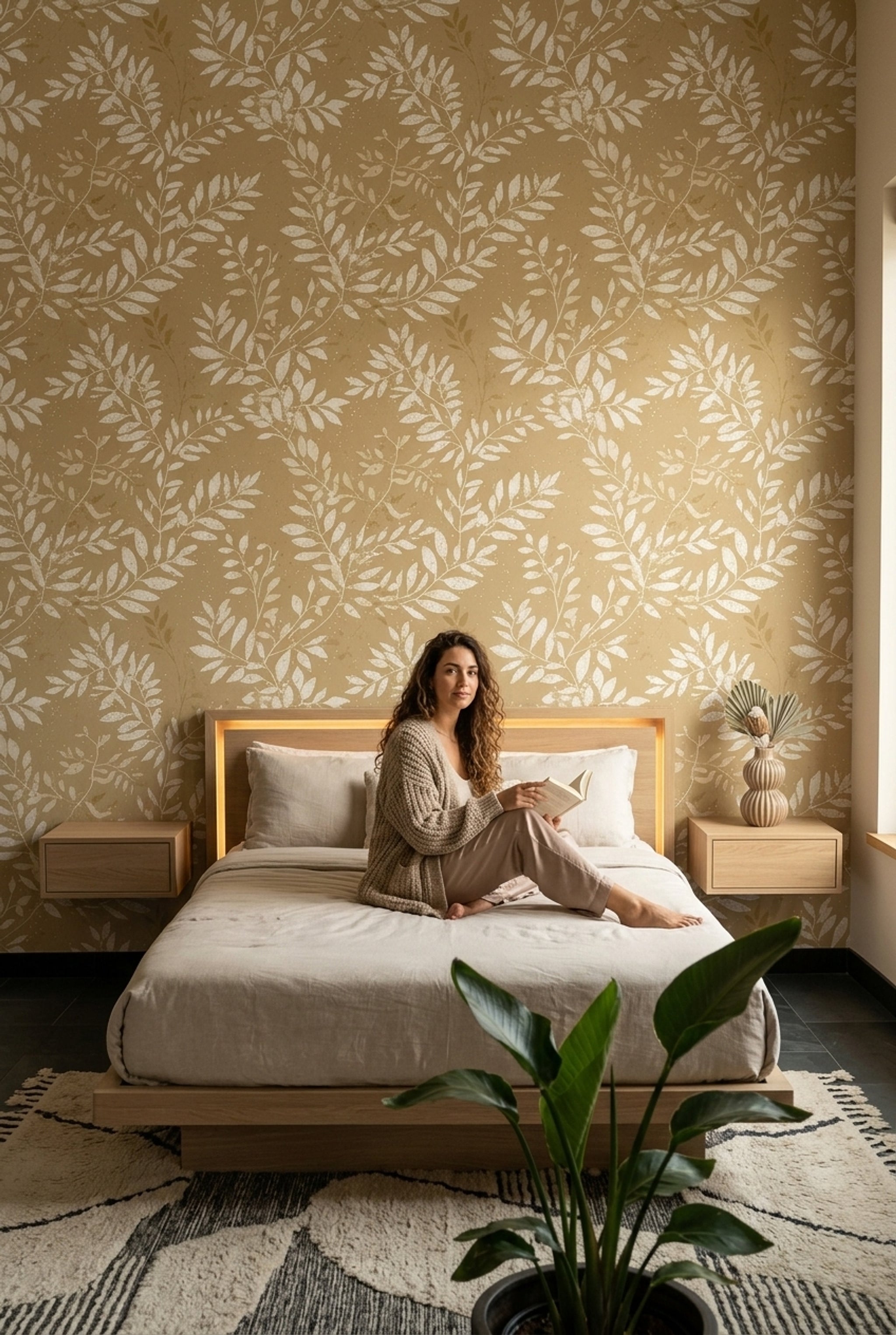 Botanical Wallpaper Leaf Branches Removable Cream On Tan Wall Double Roll