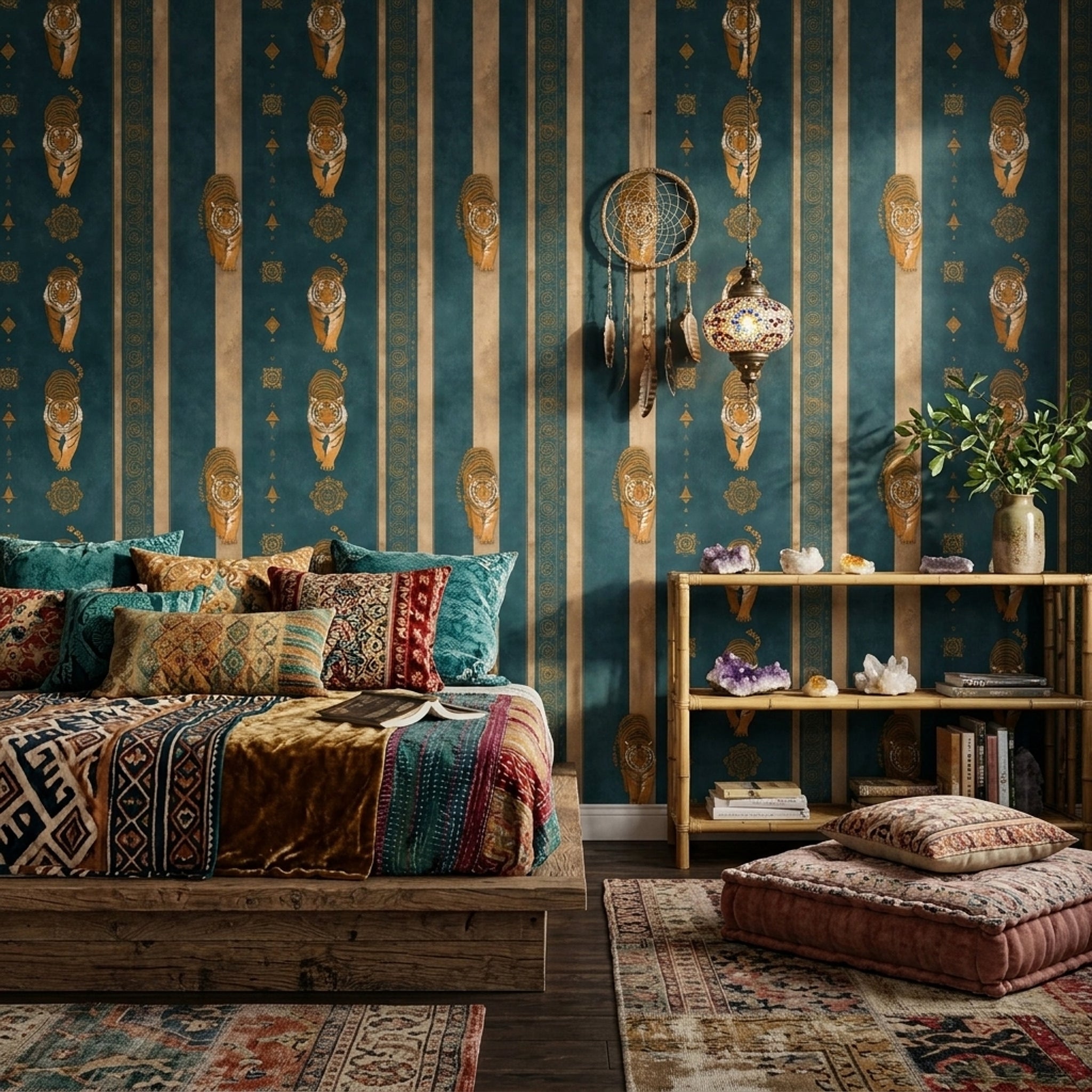 Dark Teal Wallpaper Tigers Vertical Stripes Decorative Mural