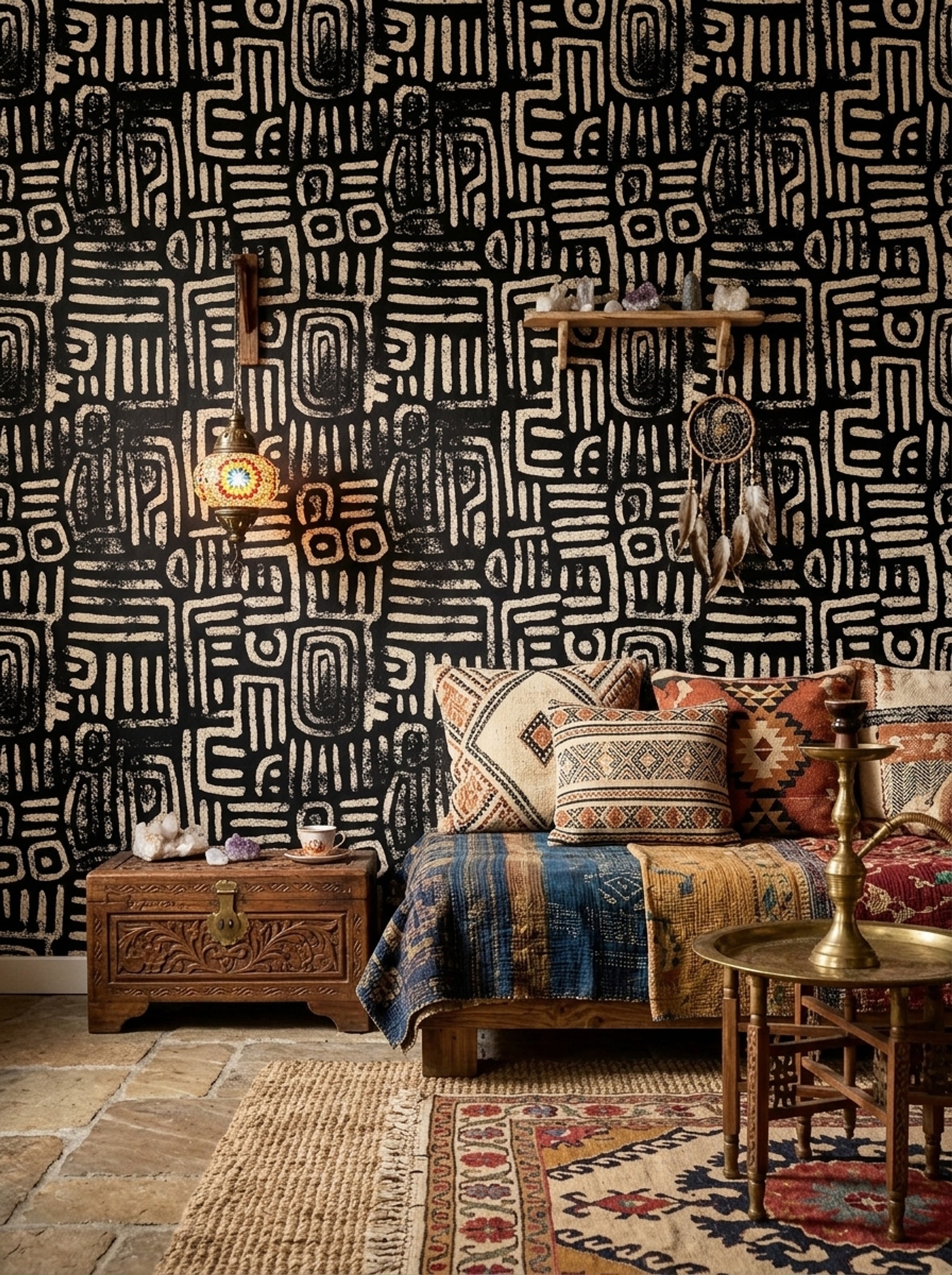Abstract Geometric Wallpaper Tribal Glyphs Removable Chalk Texture Wall Decor
