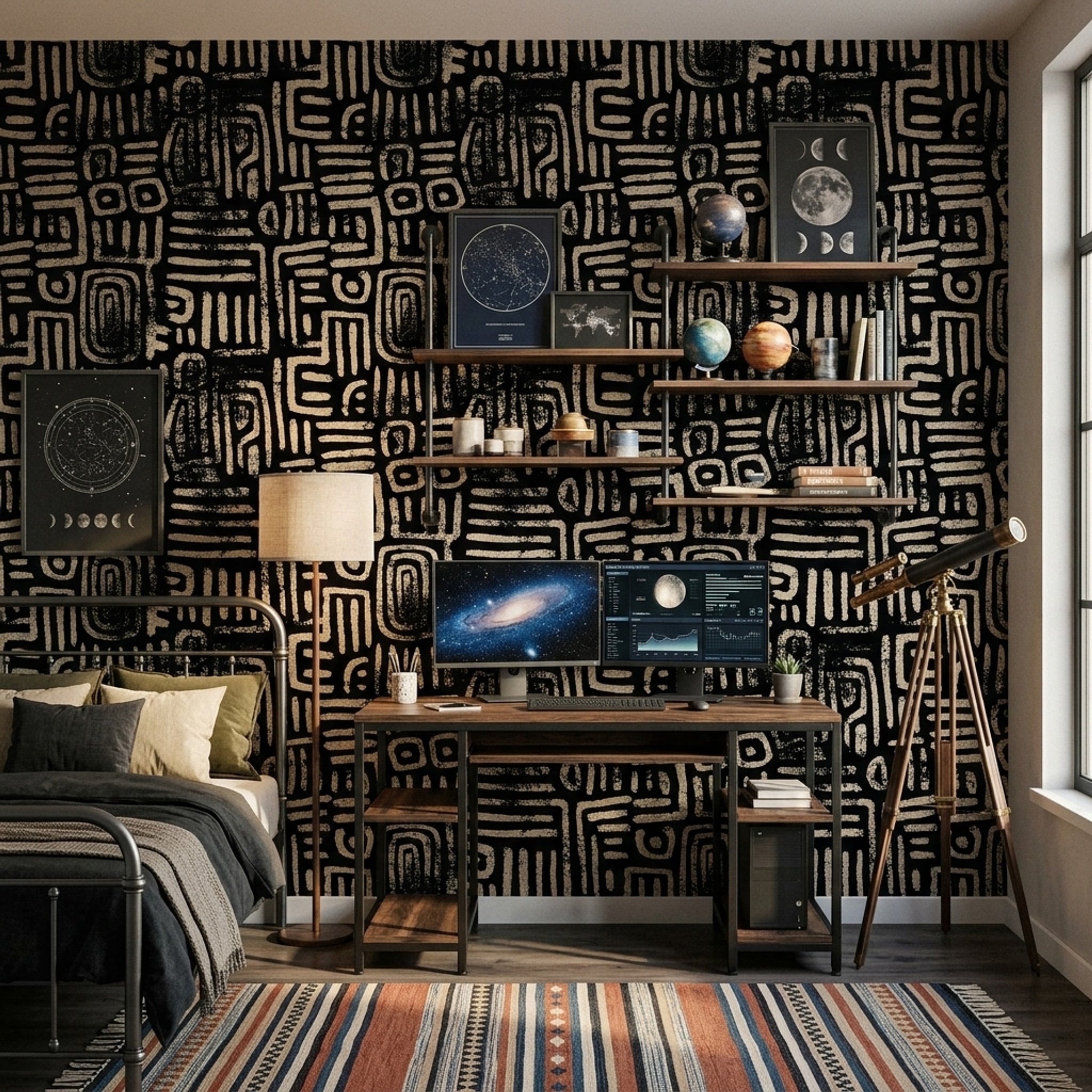 Abstract Geometric Wallpaper Tribal Glyphs Removable Chalk Texture Wall Decor
