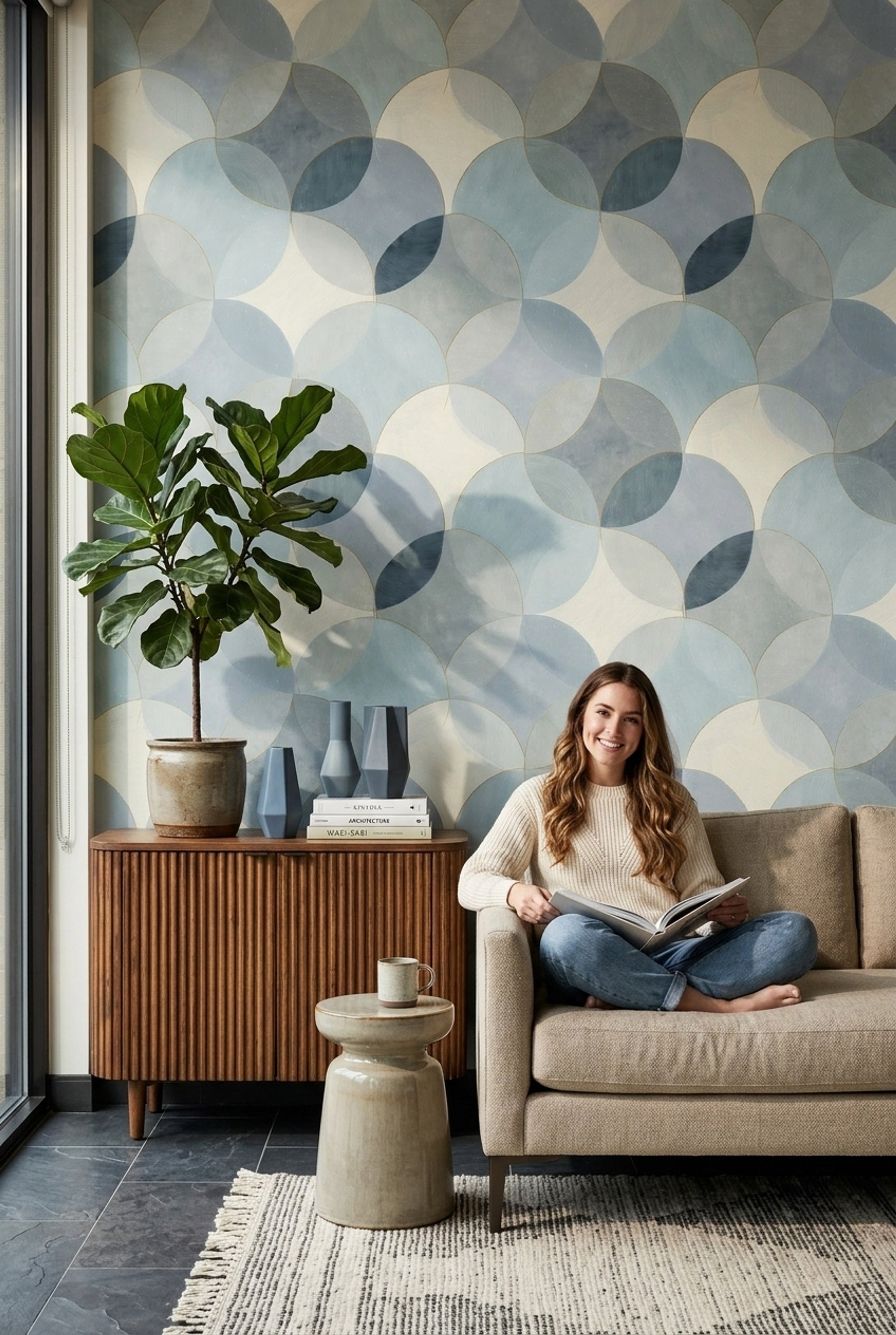Abstract Geometric Wallpaper Overlapping Circles Gold Outline Removable Wall Decor