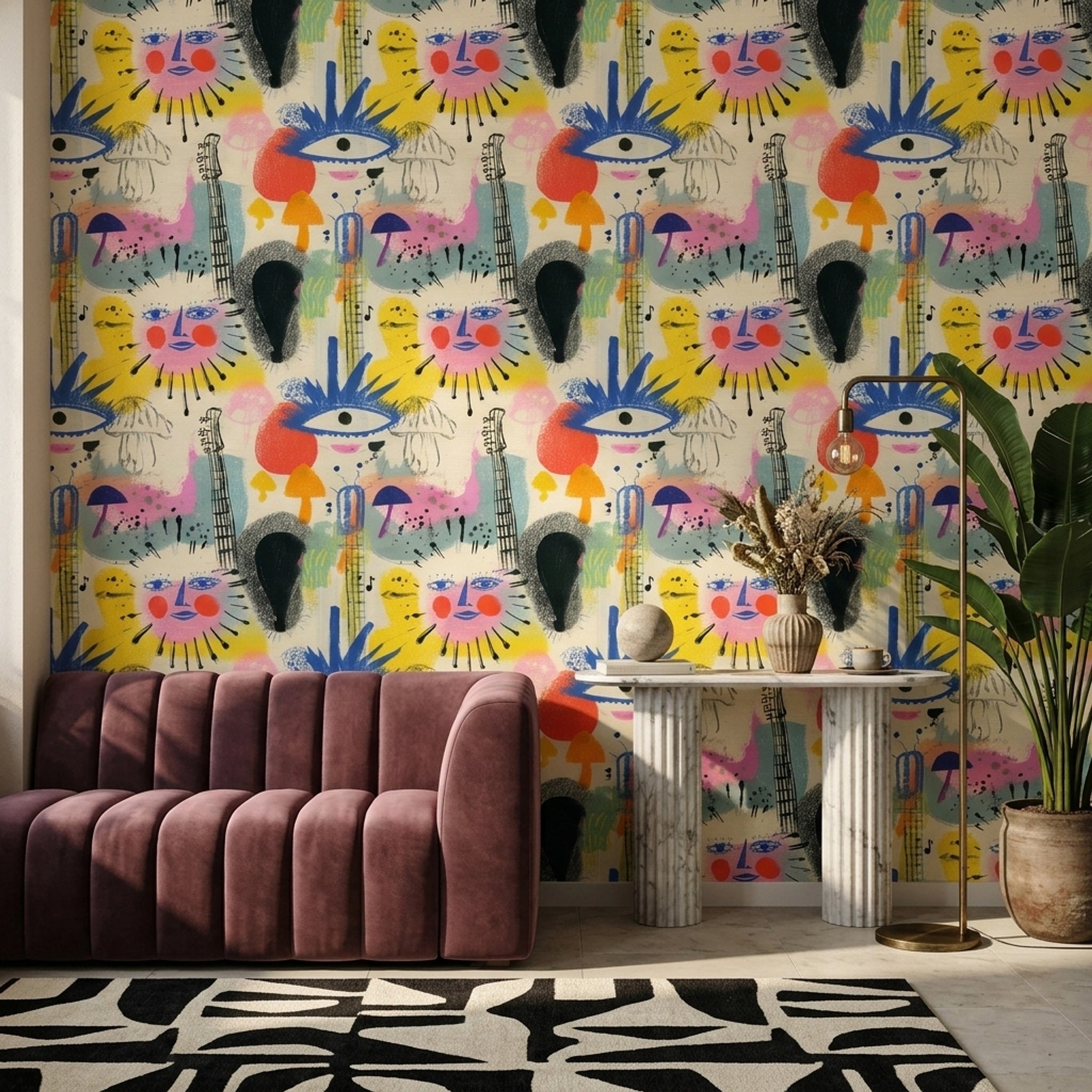 Faces Wallpaper Mixed Media Colorful Decorative Mural