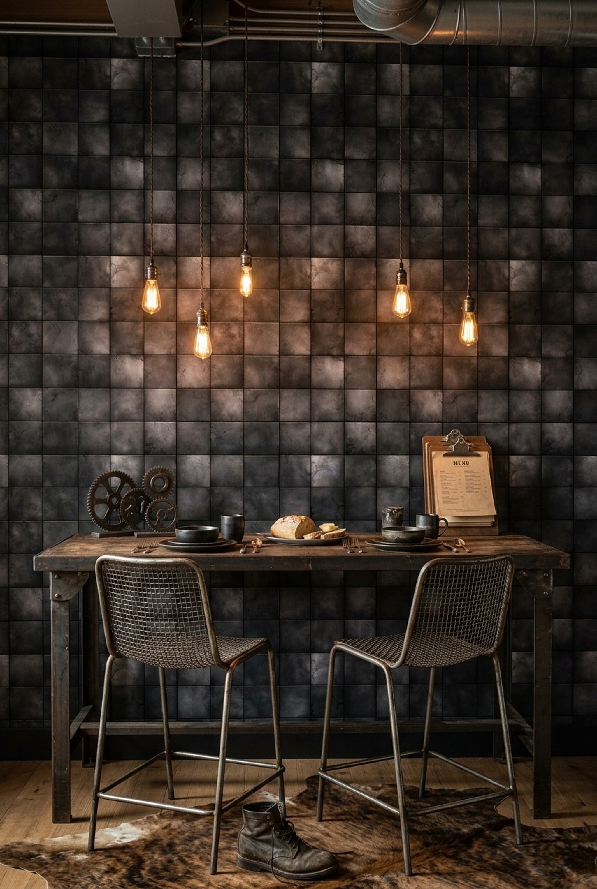 Black Tile Wallpaper Geometric Grid Concrete Look Removable Wall Decor