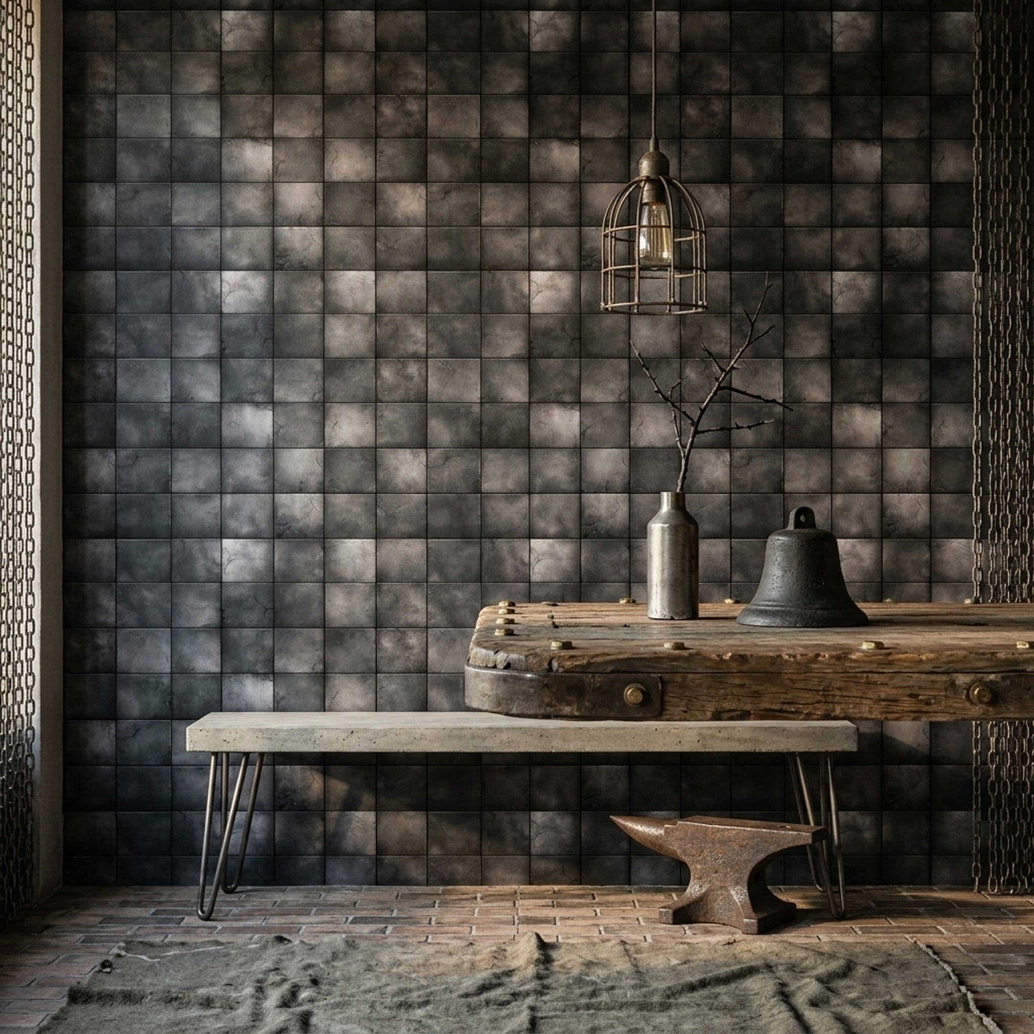 Black Tile Wallpaper Geometric Grid Concrete Look Removable Wall Decor