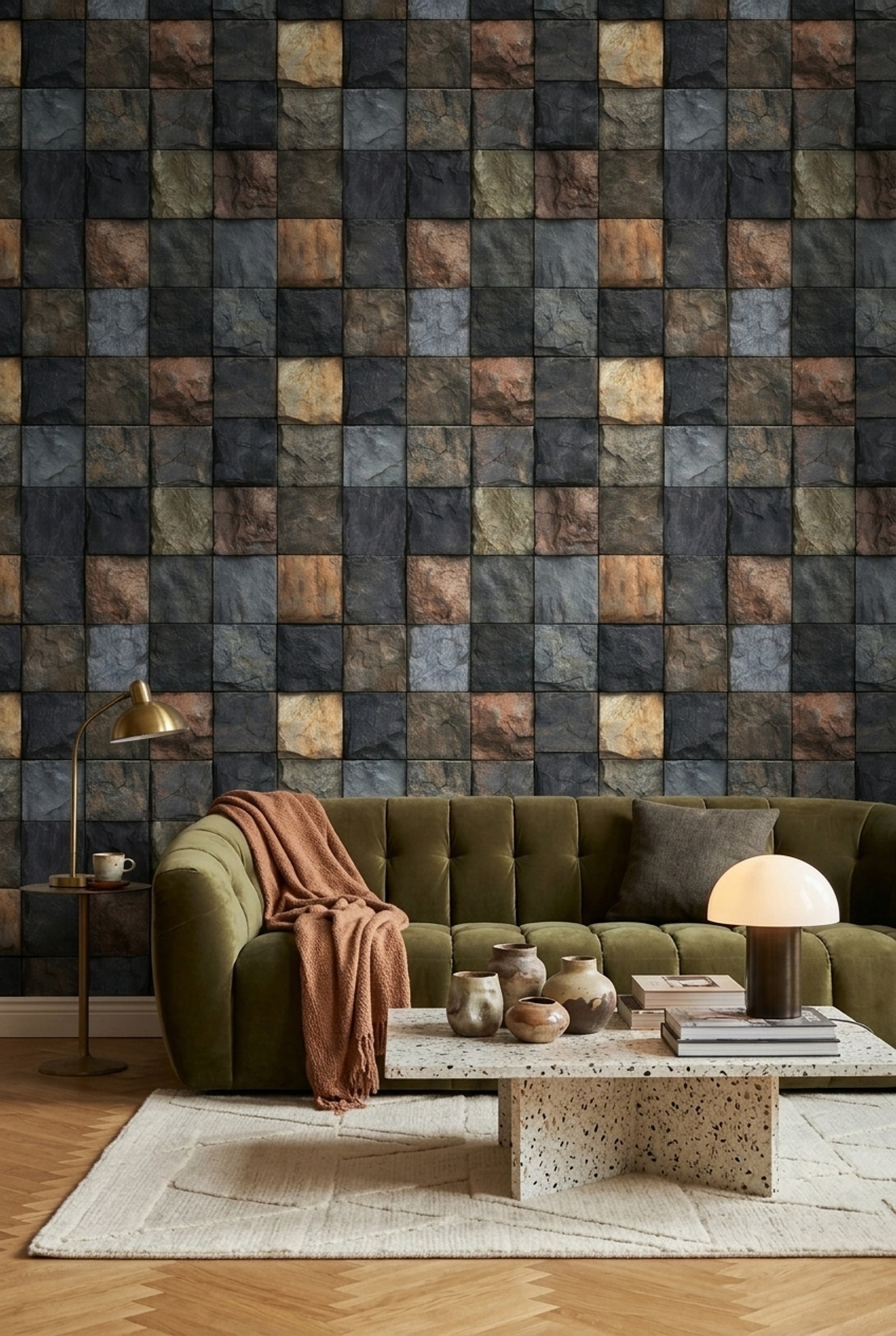 Dark Stone Wallpaper Slate Texture Square Tile Grid Removable Wall Decor