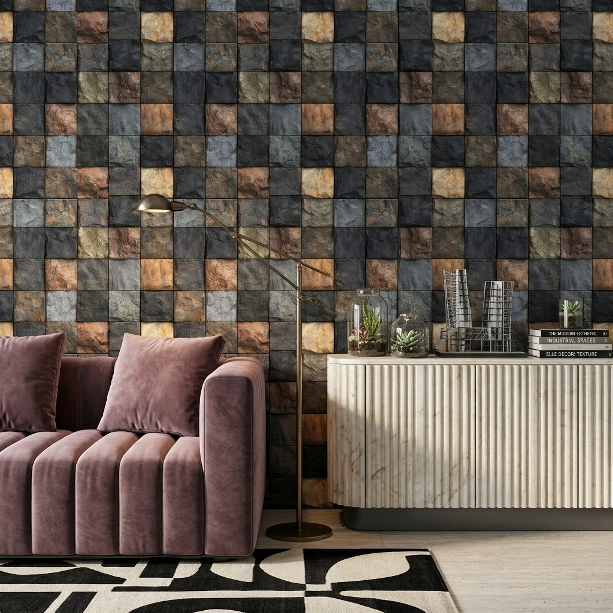 Dark Stone Wallpaper Slate Texture Square Tile Grid Removable Wall Decor