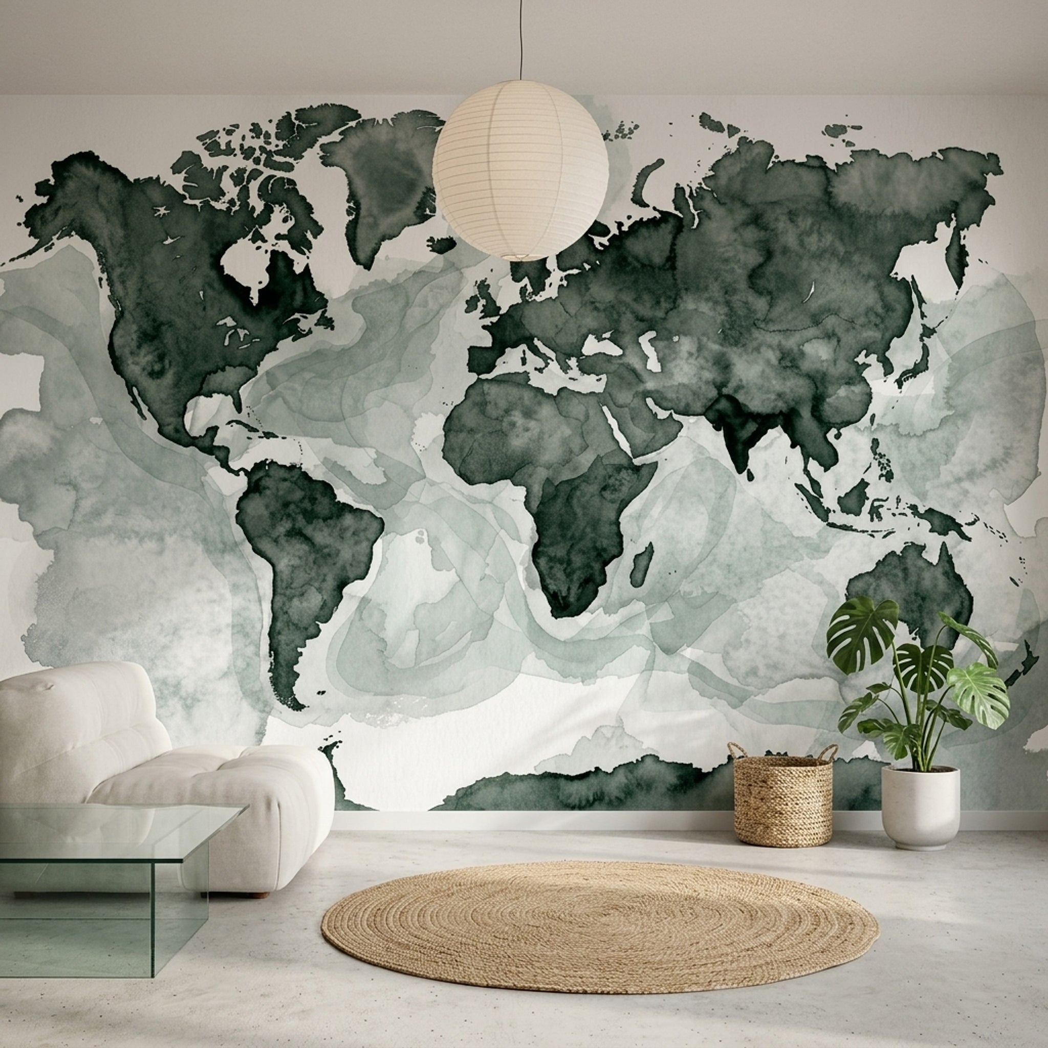 World Map Wallpaper Muted Green Removable Bright Background Wall Decor