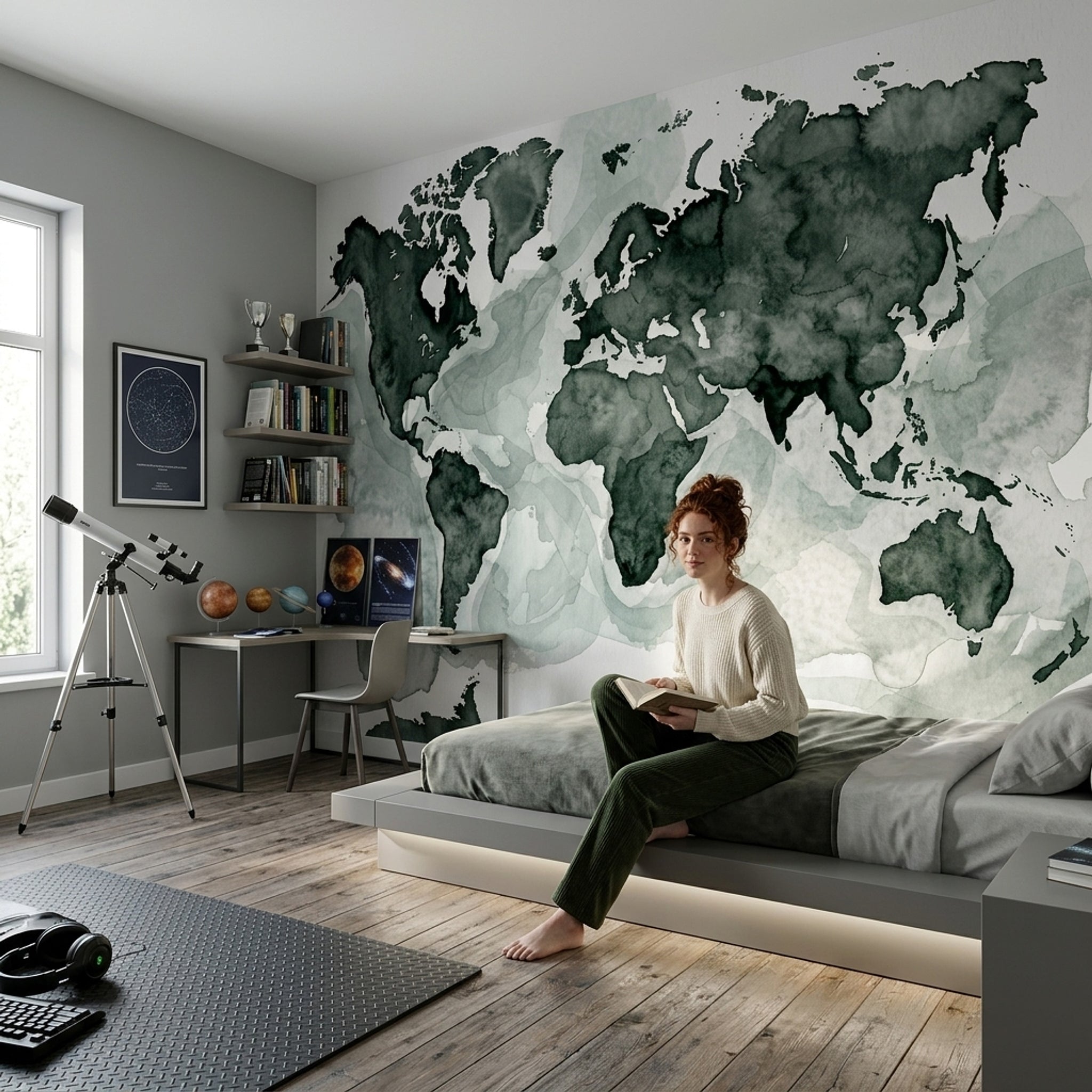 World Map Wallpaper Muted Green Removable Bright Background Wall Decor