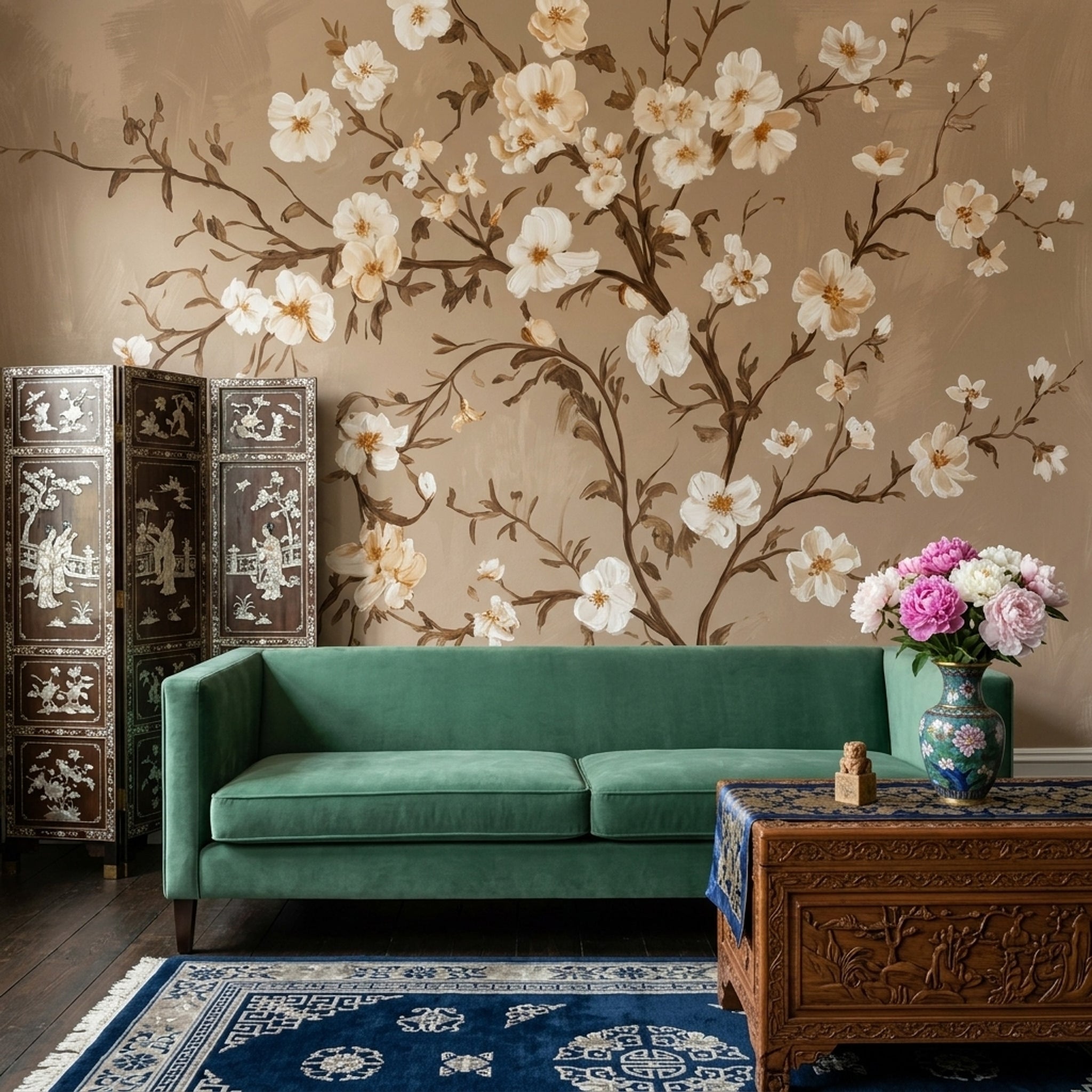 Floral Branches Wallpaper White Blossoms Botanical Mural Removable Wall Decor