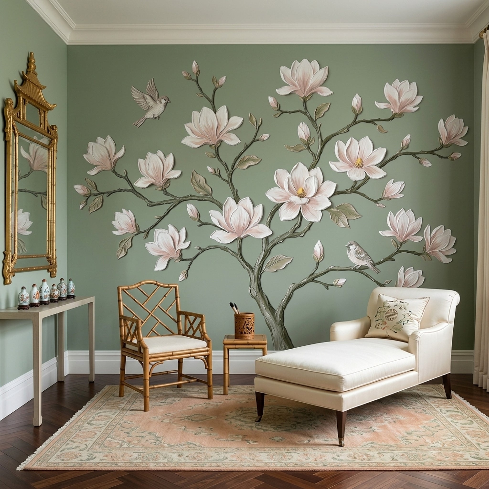 Magnolia Blossoms Wallpaper Botanical Branch Sage Green Background Removable Wall Decor