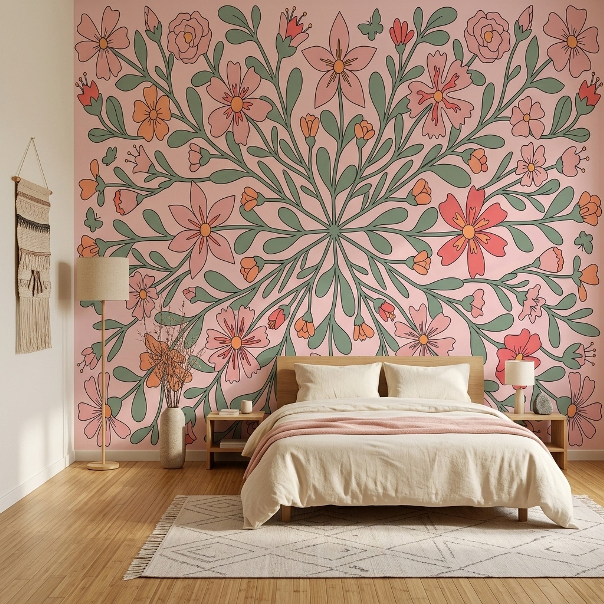 Pink Floral Wallpaper Botanical Branches Removable Modern Folk Art Wall Decor