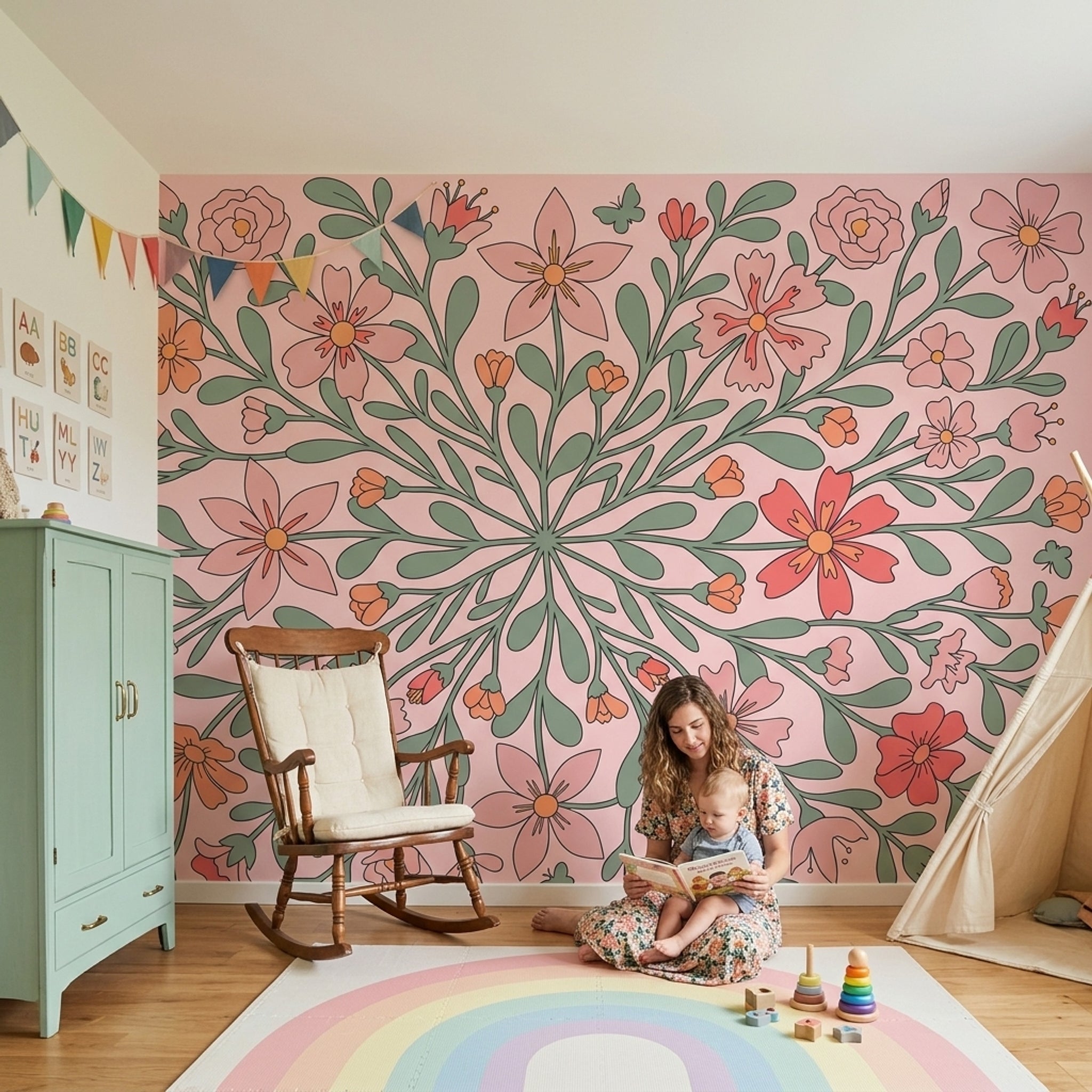 Pink Floral Wallpaper Botanical Branches Removable Modern Folk Art Wall Decor
