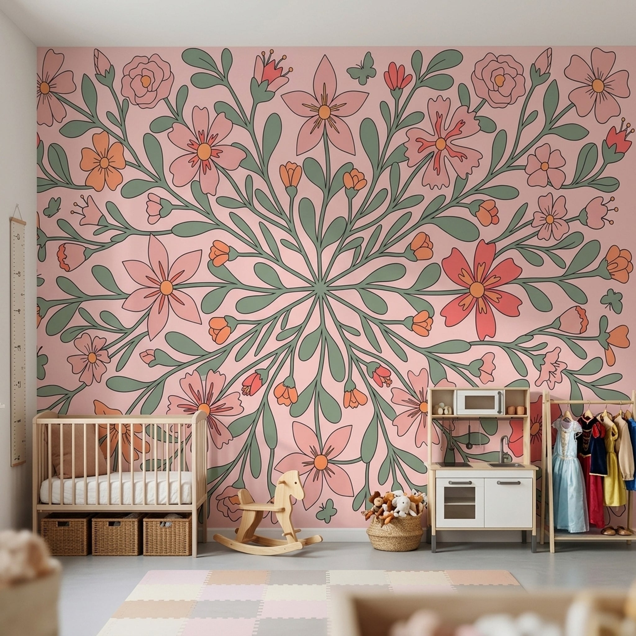 Pink Floral Wallpaper Botanical Branches Removable Modern Folk Art Wall Decor