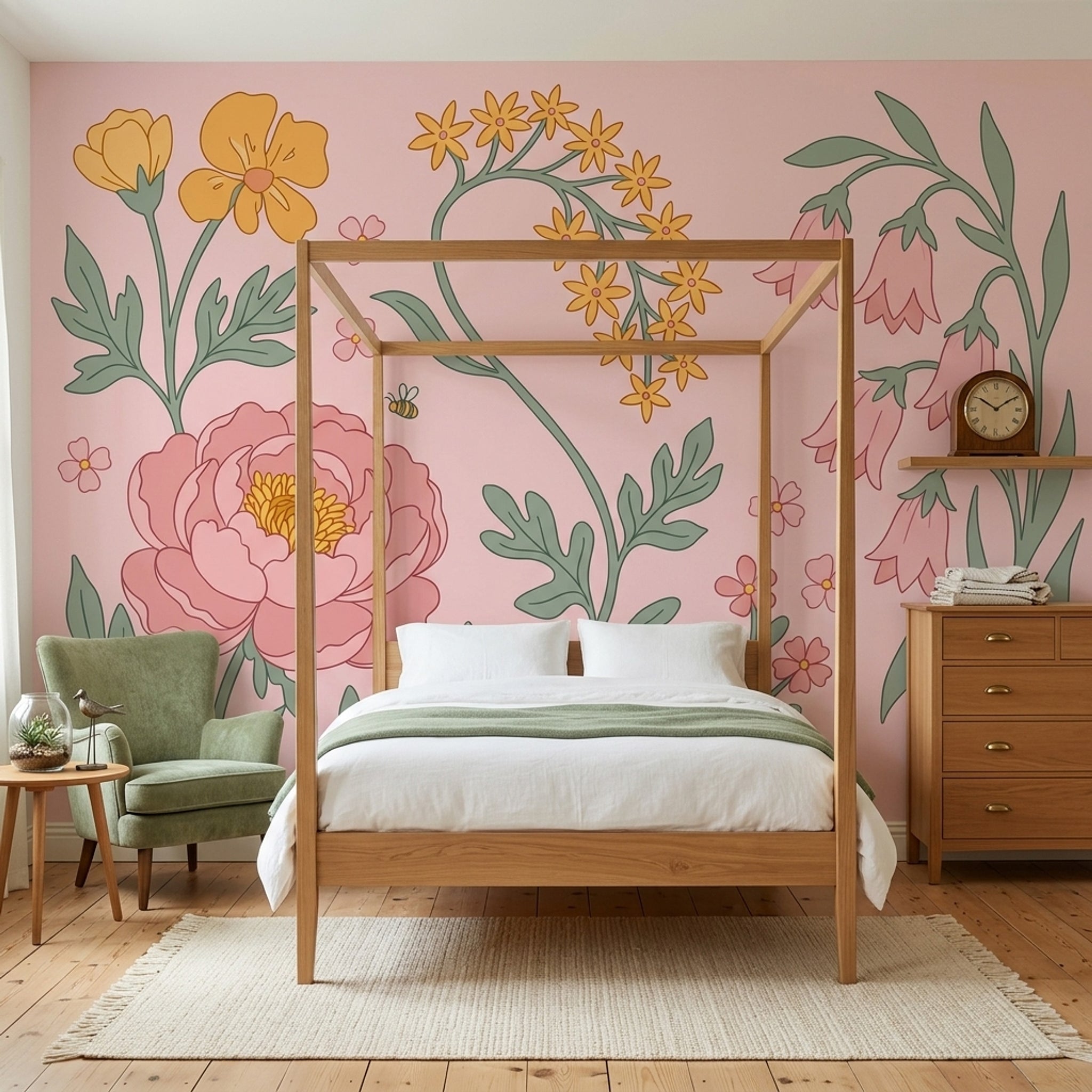 Botanical Illustration Wallpaper Pink Background Pastel Removable Wall Decor